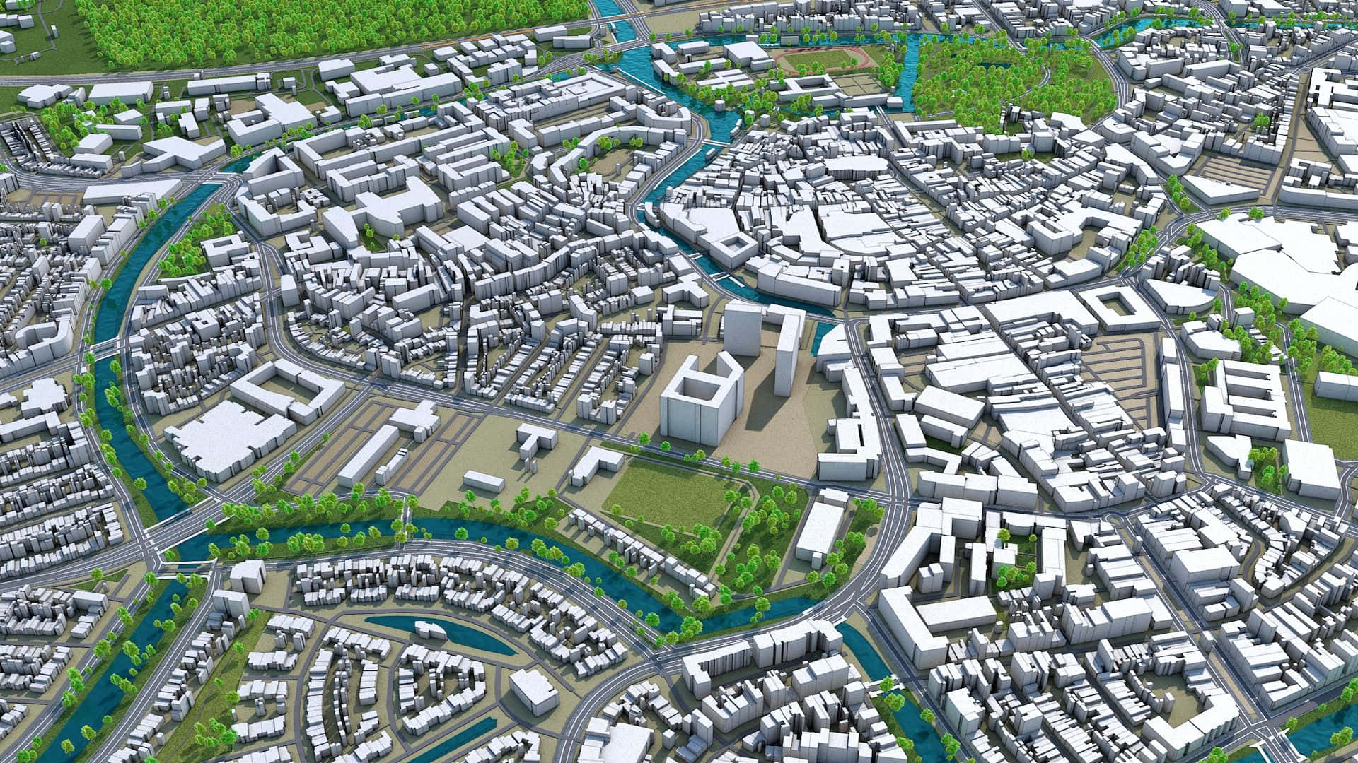 Breda, aerial 3d-rendered cityscape, winding rivers, Full HD Desktop Wallpaper