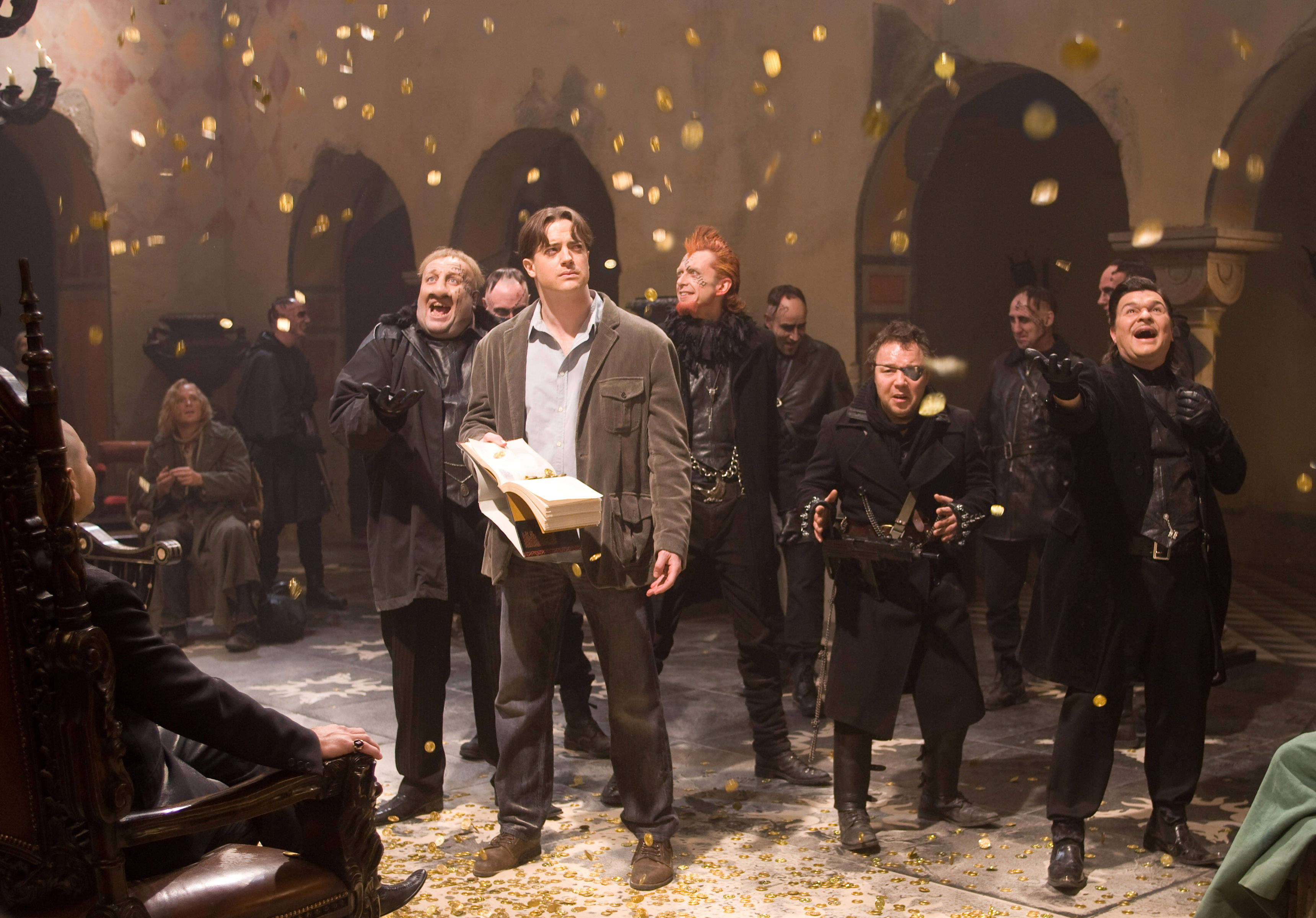 Brendan Fraser, golden confetti, dark coats, 2K Desktop Wallpaper