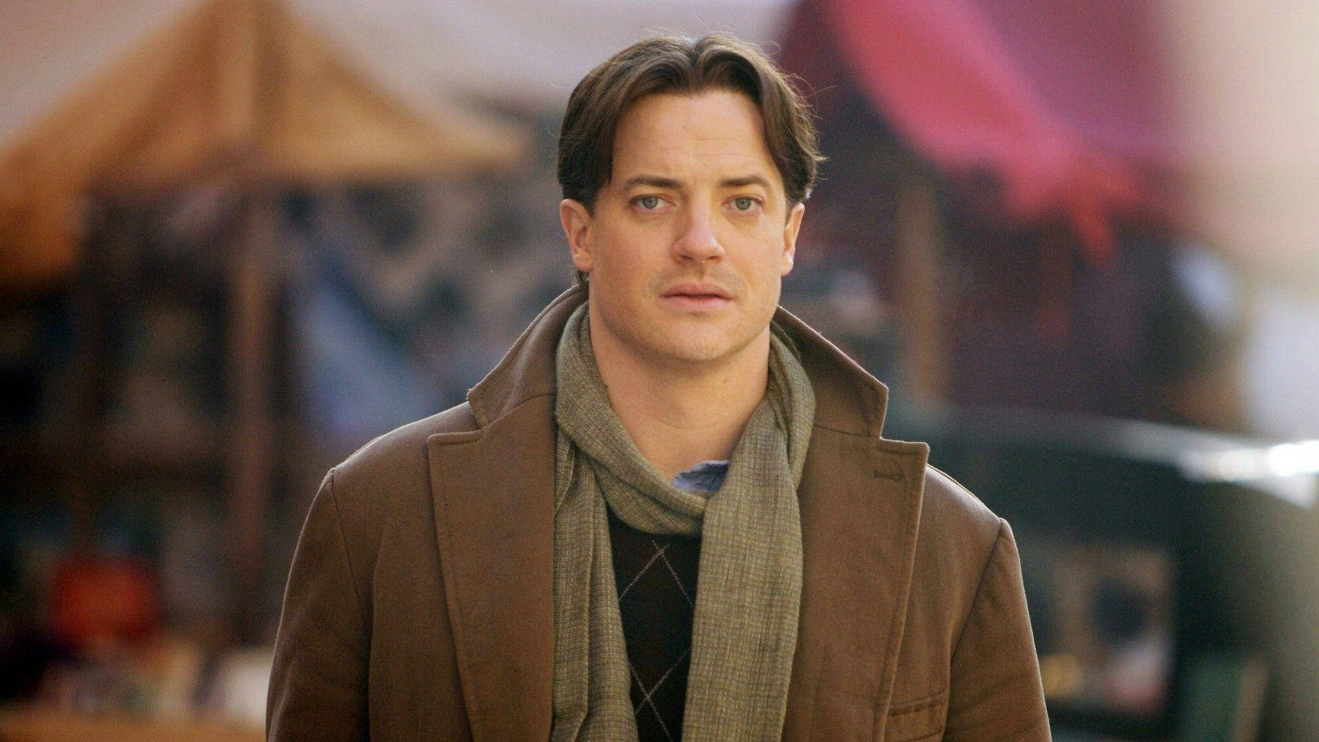 Brendan Fraser, brown coat, scarf, Full HD Desktop Wallpaper