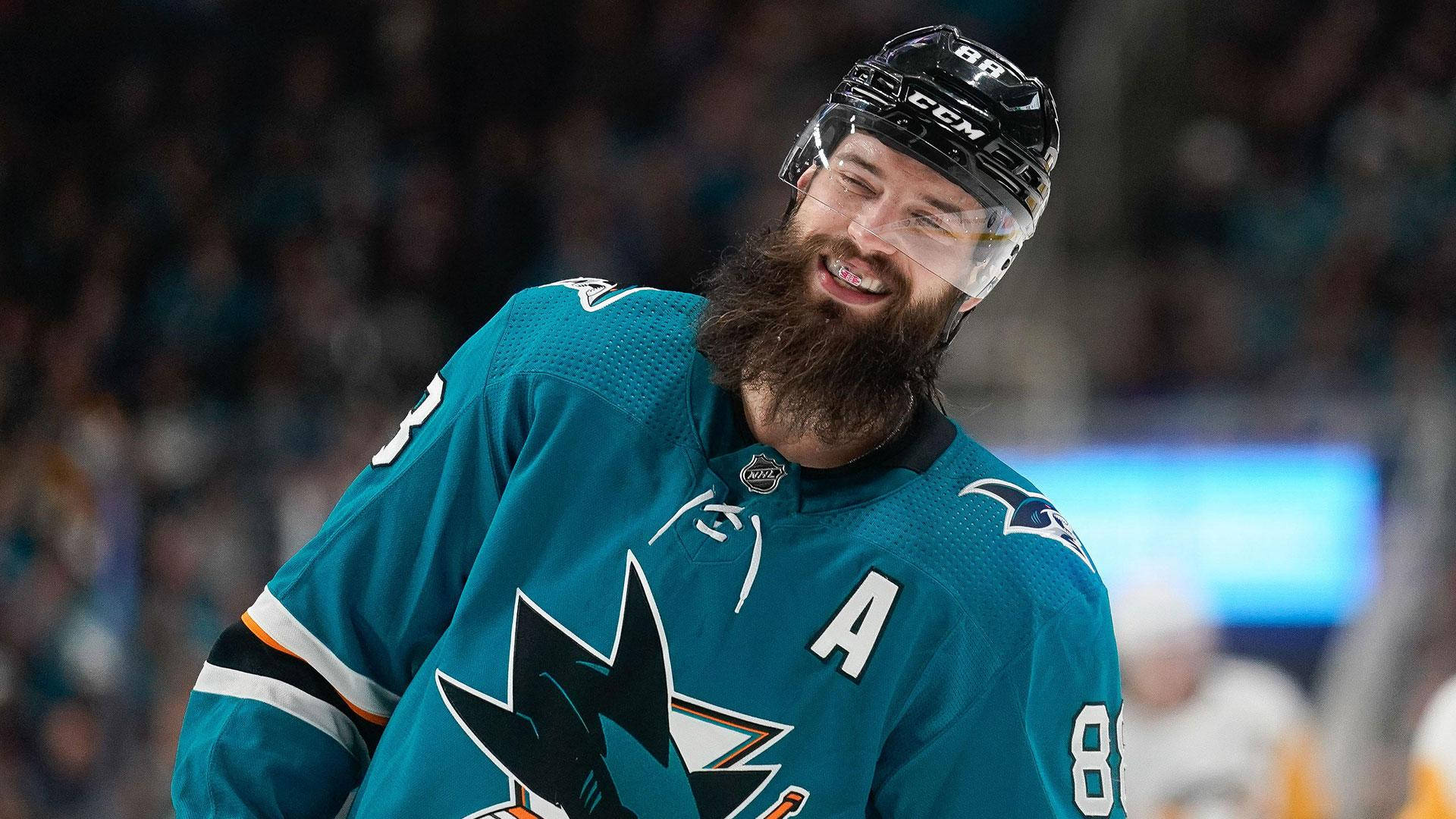Brent Burns, teal Sharks jersey, black helmet, Full HD Desktop Wallpaper