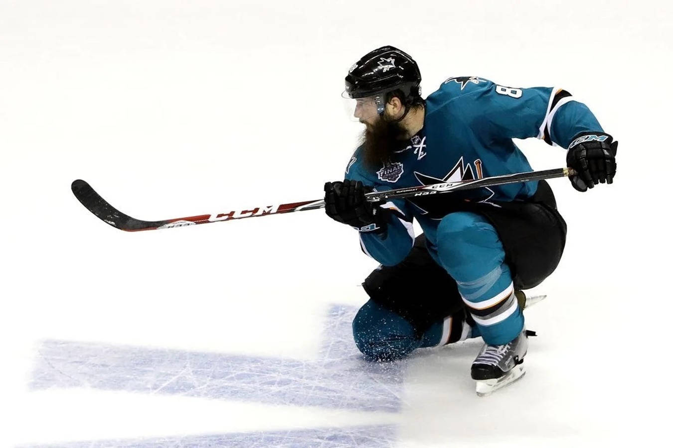 Brent Burns, teal uniform, kneels on ice, HD Desktop Wallpaper