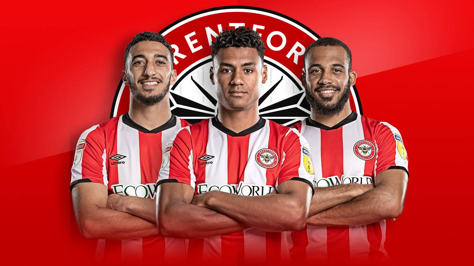 Brentford FC, red and white striped jerseys, bold red background, HD Desktop Wallpaper