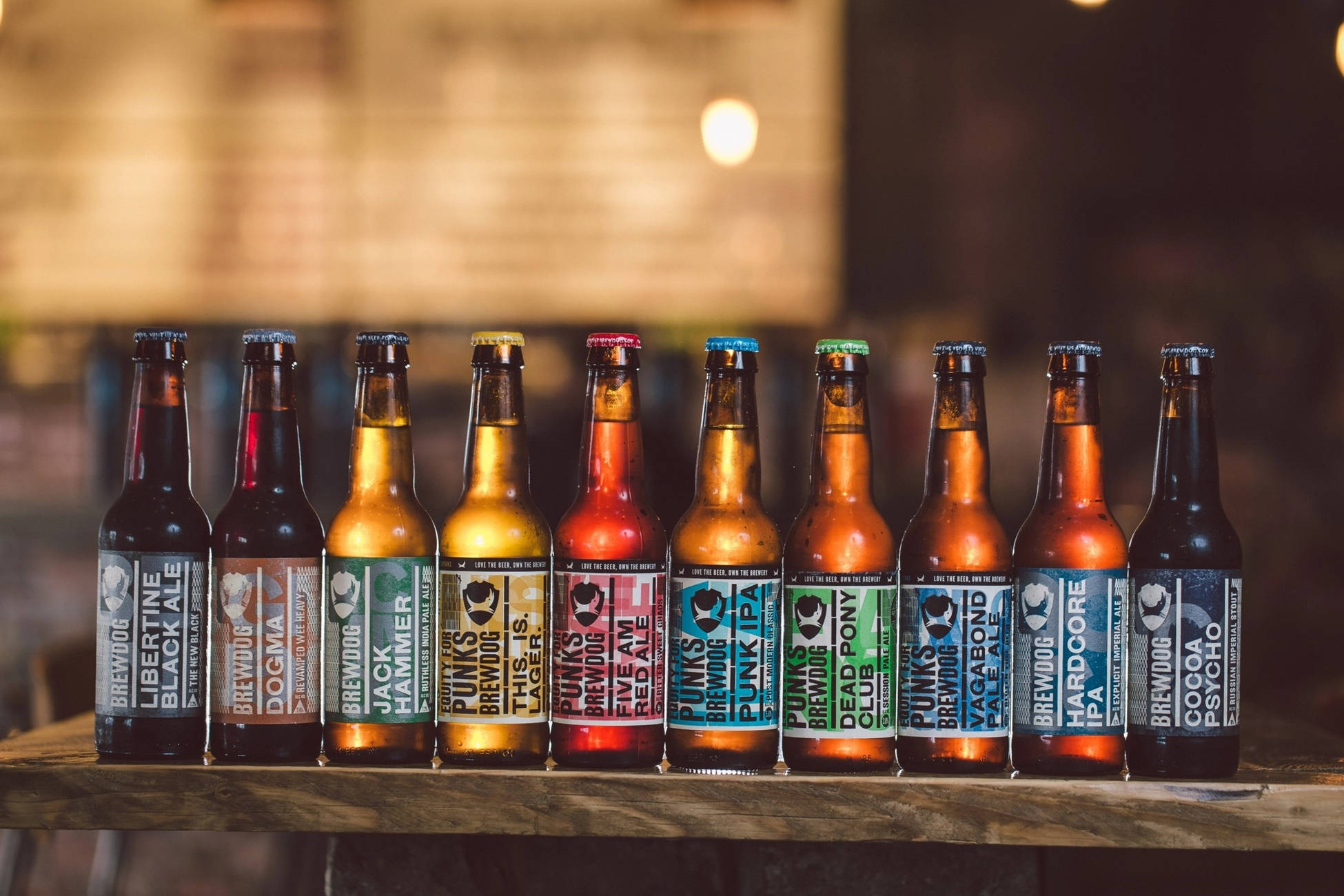BrewDog, craft beer bottles, rustic wooden bar, Full HD Desktop Wallpaper