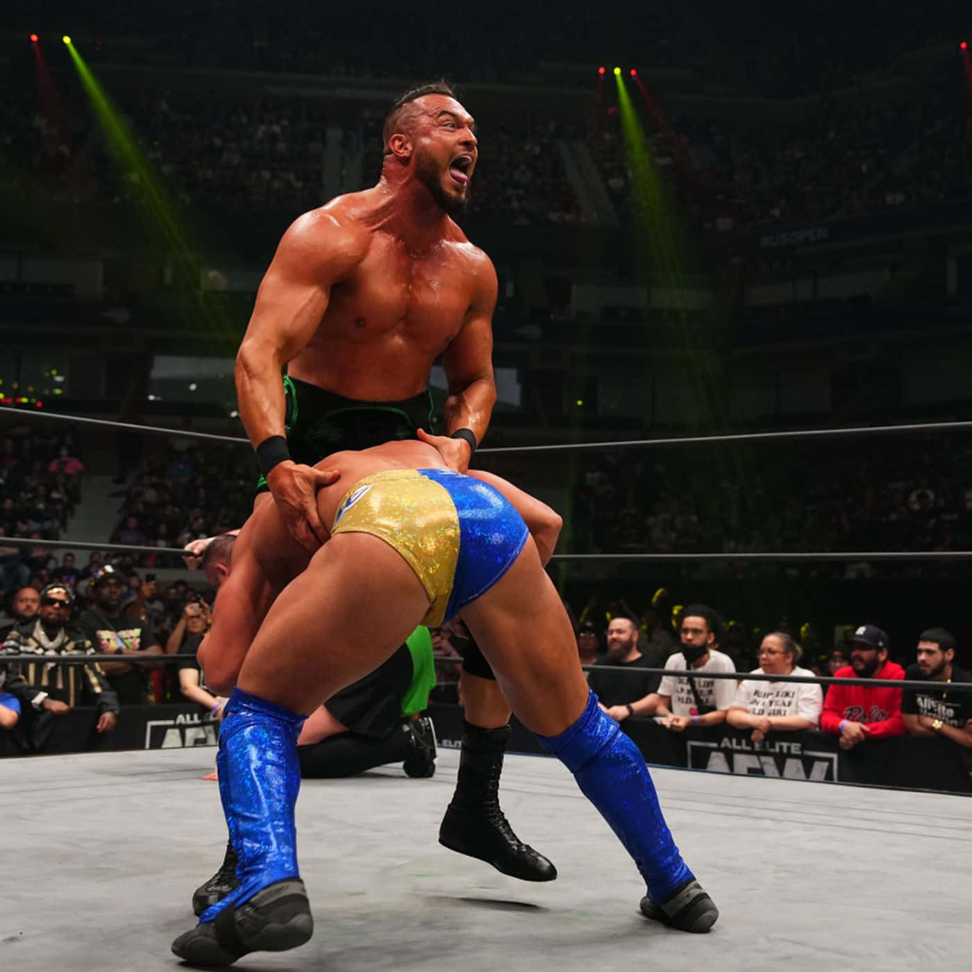 Brian Cage, green trunks, blue and gold sparkly tights, HD Desktop Wallpaper