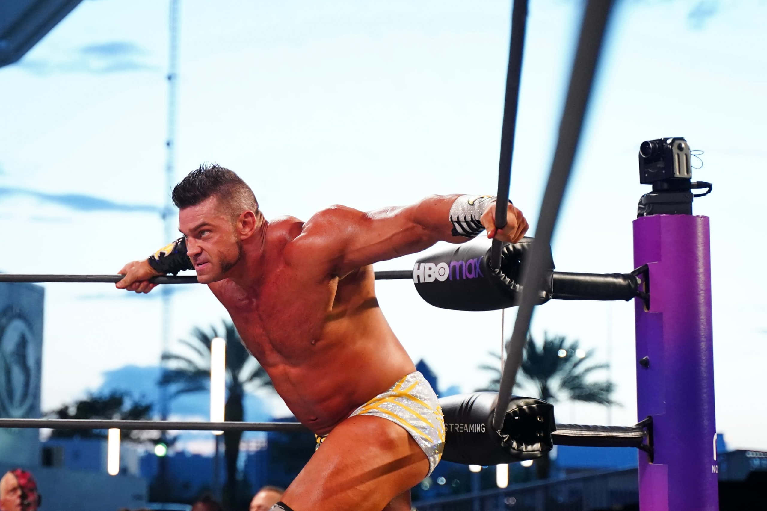 Brian Cage, yellow shorts, purple boxing ring rope, 2K Desktop Wallpaper