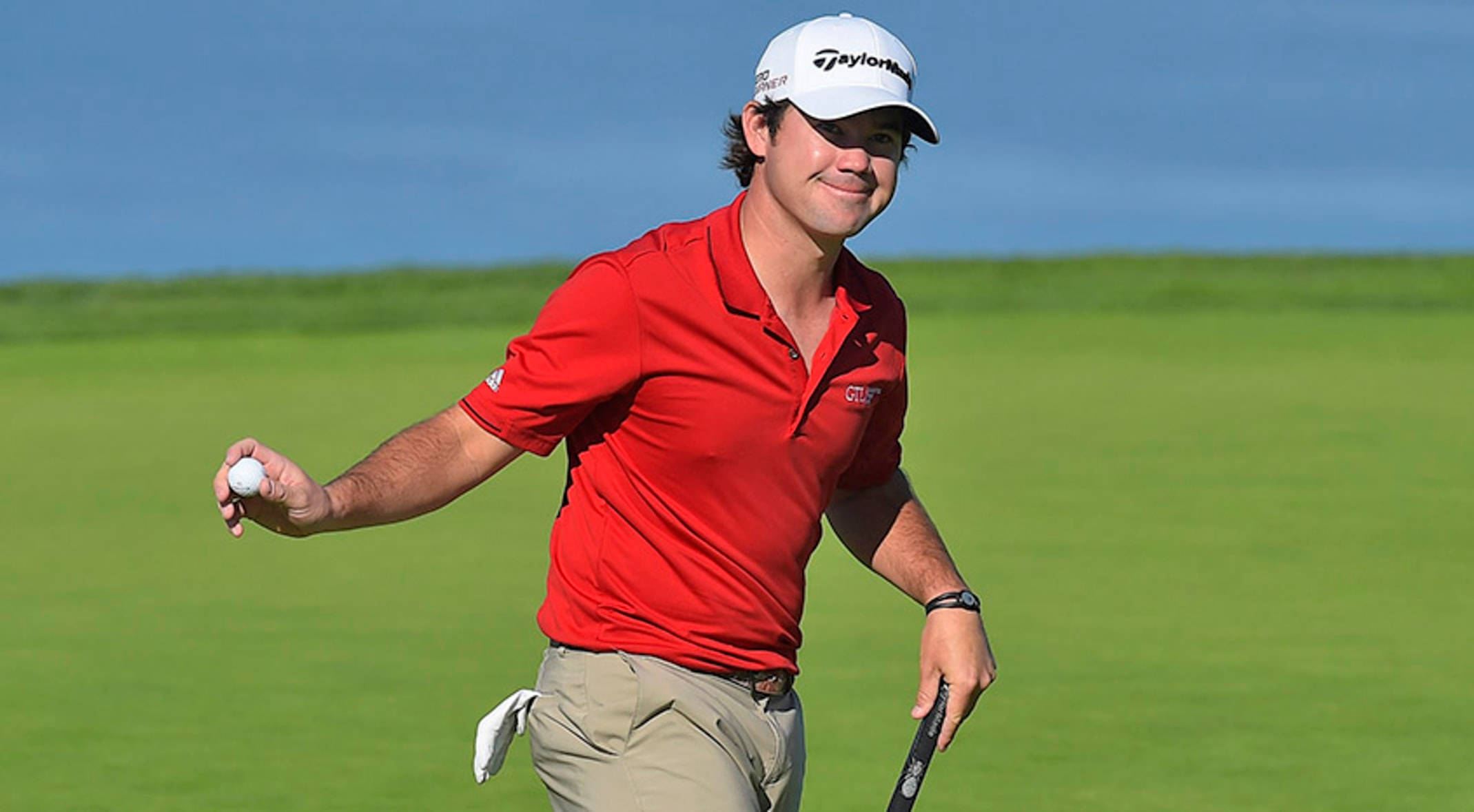 Brian Harman, red polo shirt, white cap, Full HD Desktop Wallpaper