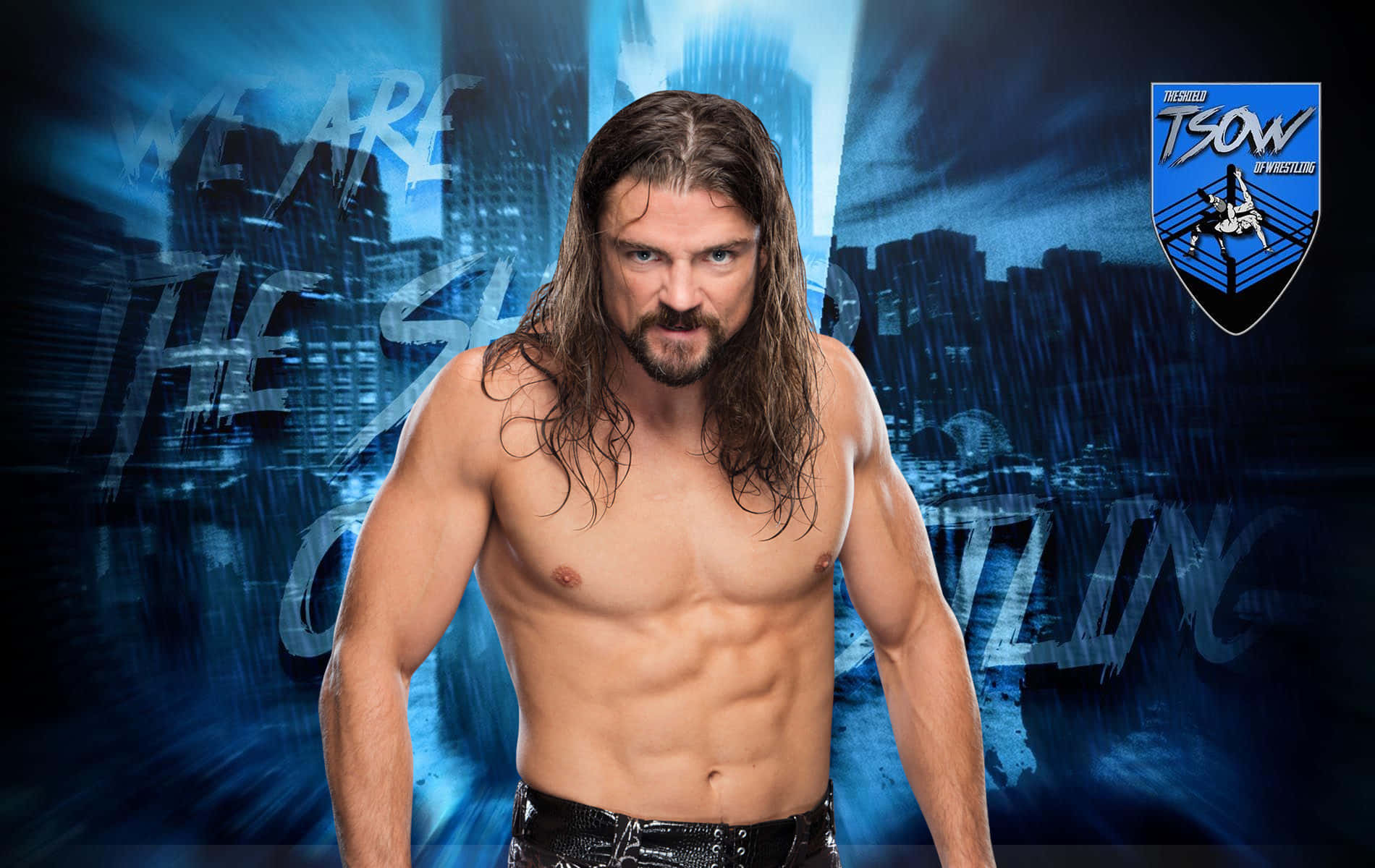 Brian Kendrick, blue neon-lit cityscape, glowing text, HD Desktop Wallpaper