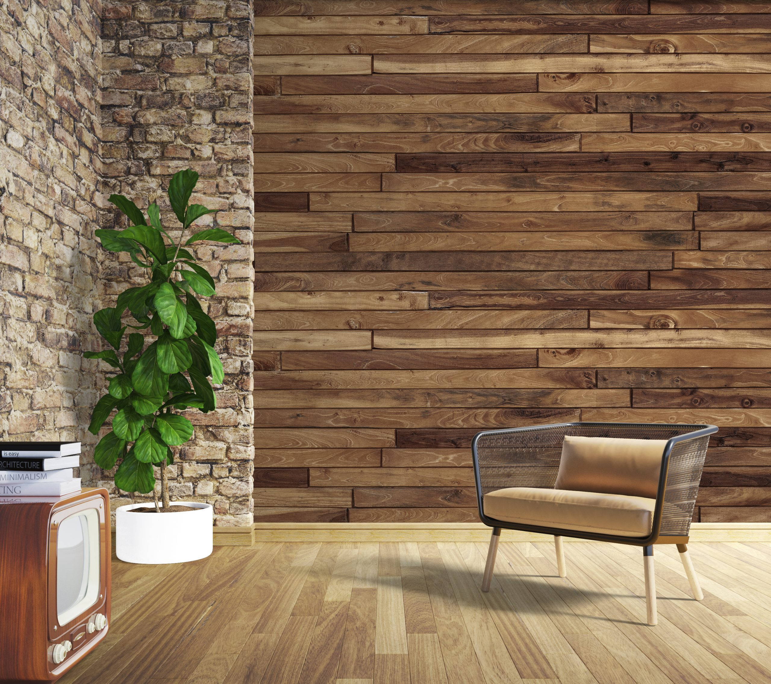modern room interior, rustic brick texture, wooden accents, 2K Desktop Wallpaper