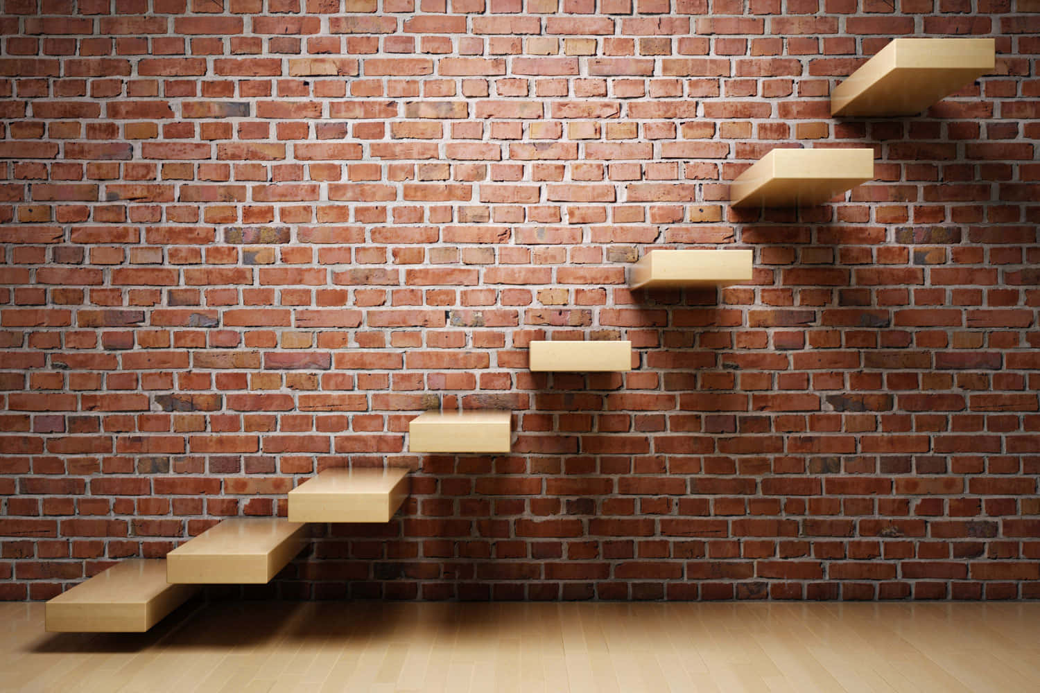 wooden steps, textured red brick wall, minimalist interior space, HD Desktop Wallpaper