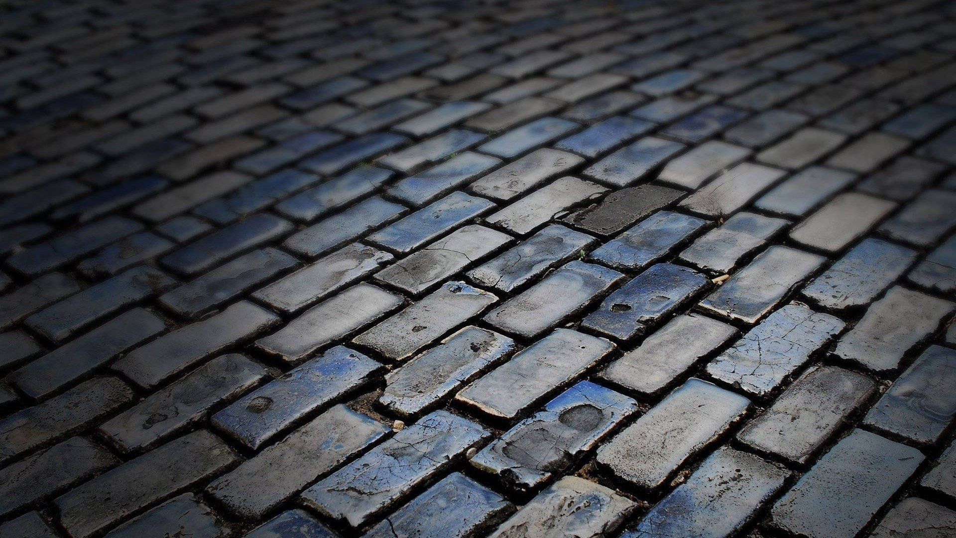 Outdoor Brick Road, wet cobblestone pavement, cracked bricks, Full HD Desktop Wallpaper