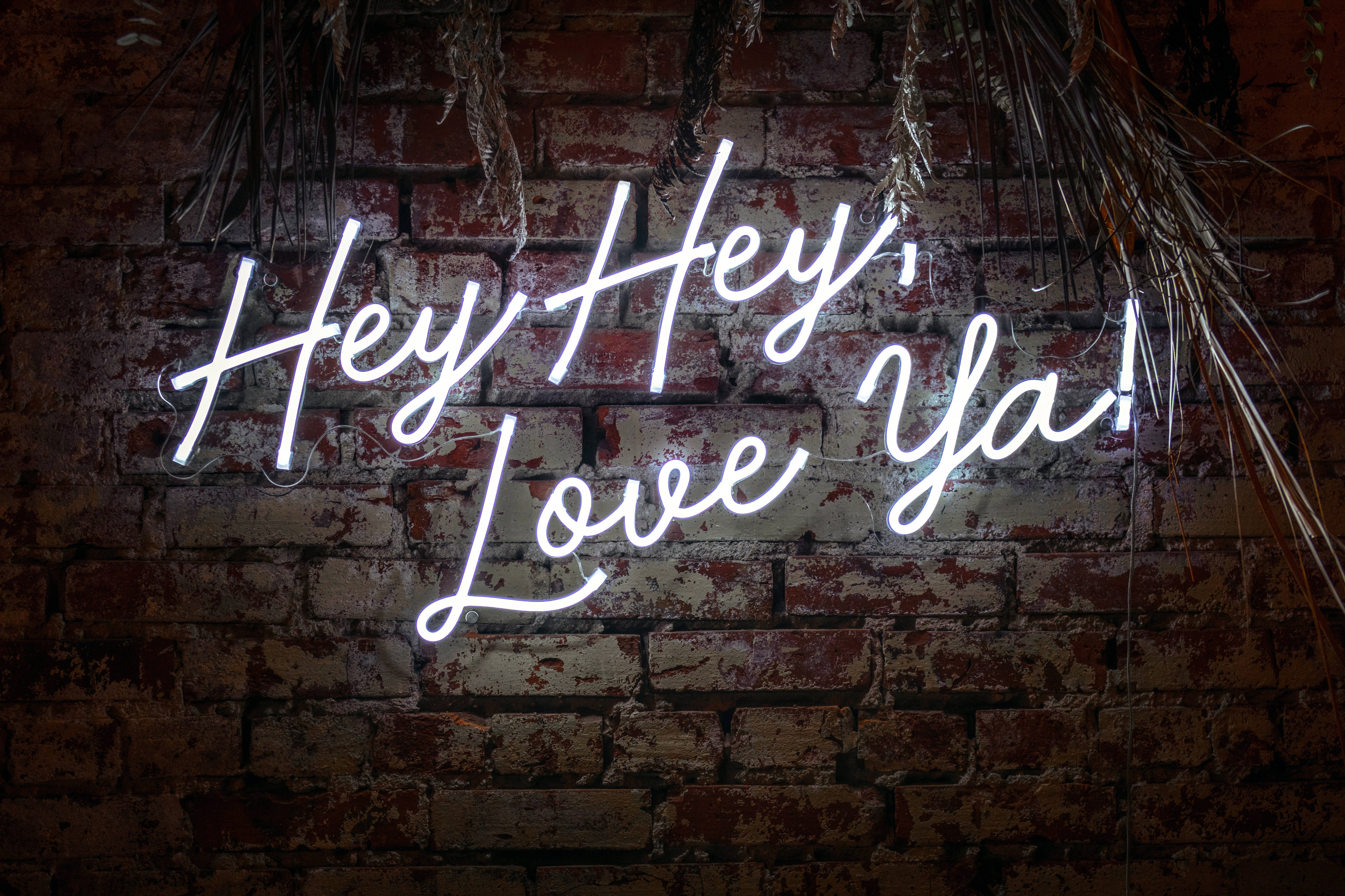 Hey Hey Love Ya!, white neon sign, weathered brick wall, 5K Desktop Wallpaper