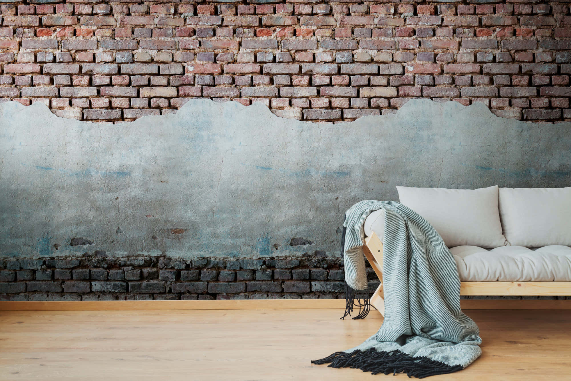 wooden sofa, textured gray blanket, weathered brick wall, Full HD Desktop Wallpaper