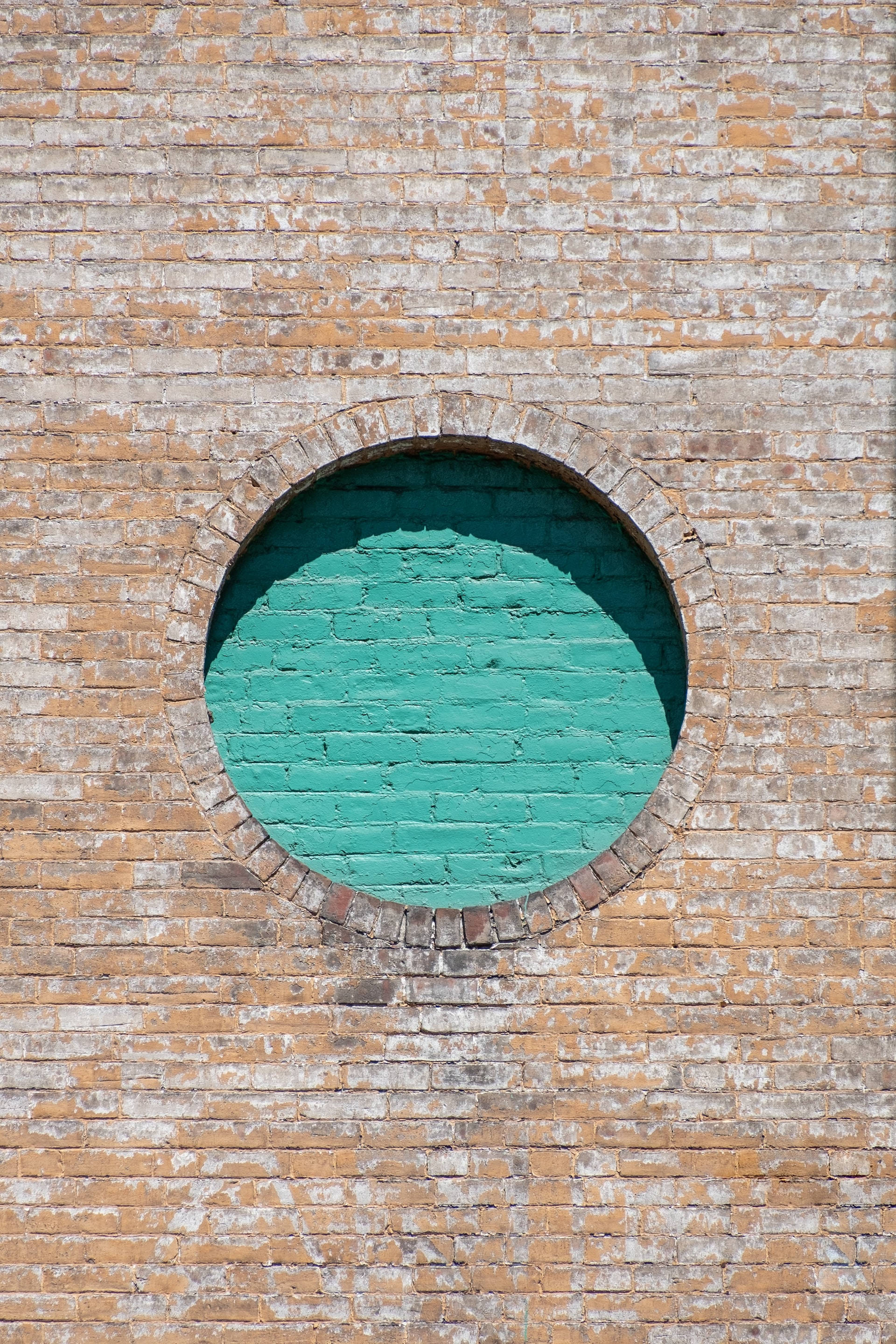 brick wall, teal-painted brick aperture, weathered beige brick wall, 2K Phone Wallpaper