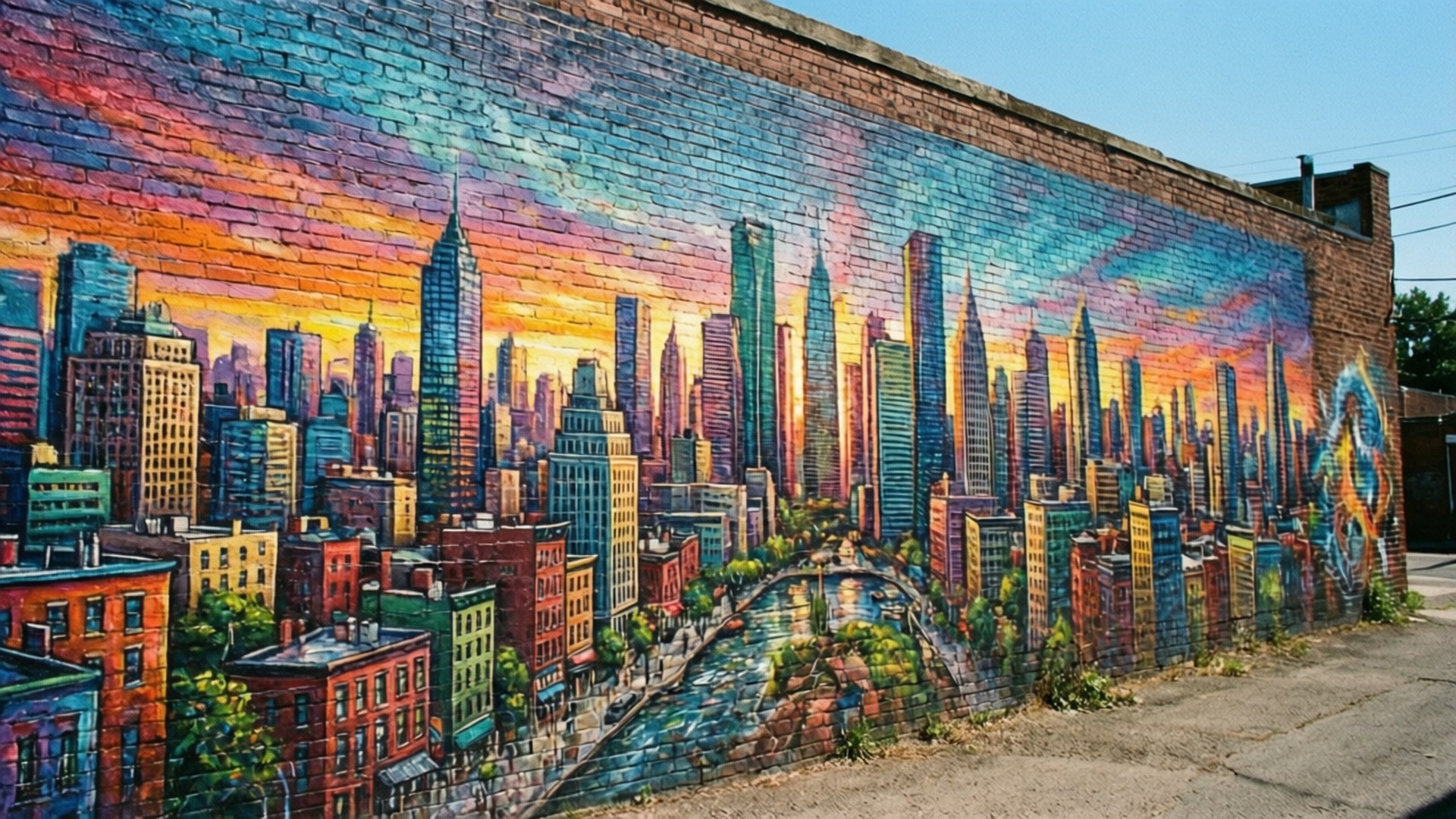 mural, brick wall, cityscape, Full HD Desktop Wallpaper