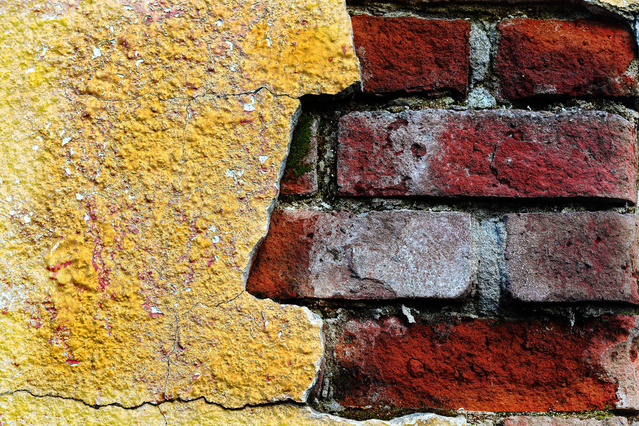 cracked brick wall, weathered red bricks, cracked yellow paint, Full HD Desktop Wallpaper