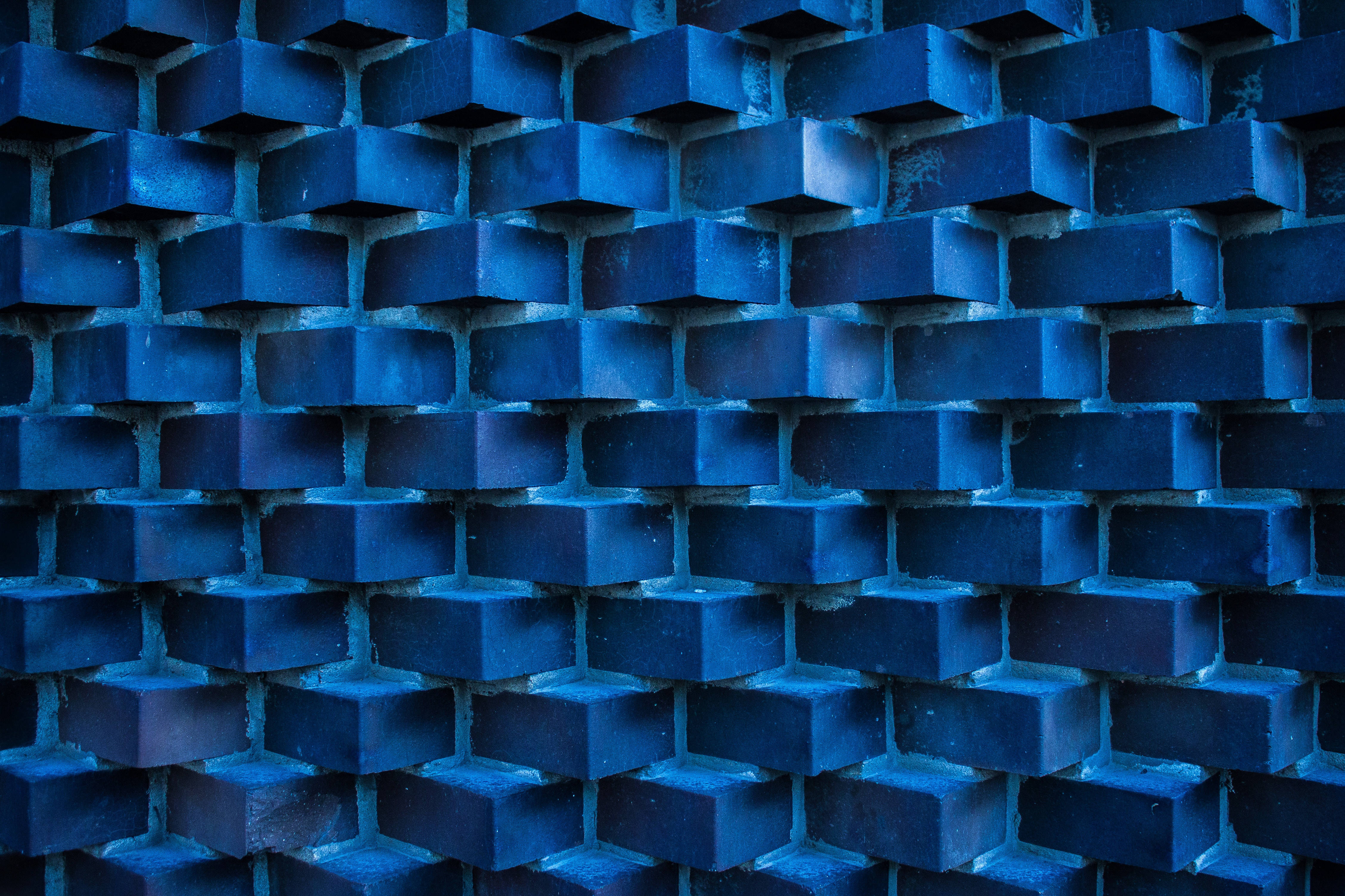 blue strange bricks, abstract gradient blue brick wall, textured blue brick wall, 4K Desktop Wallpaper