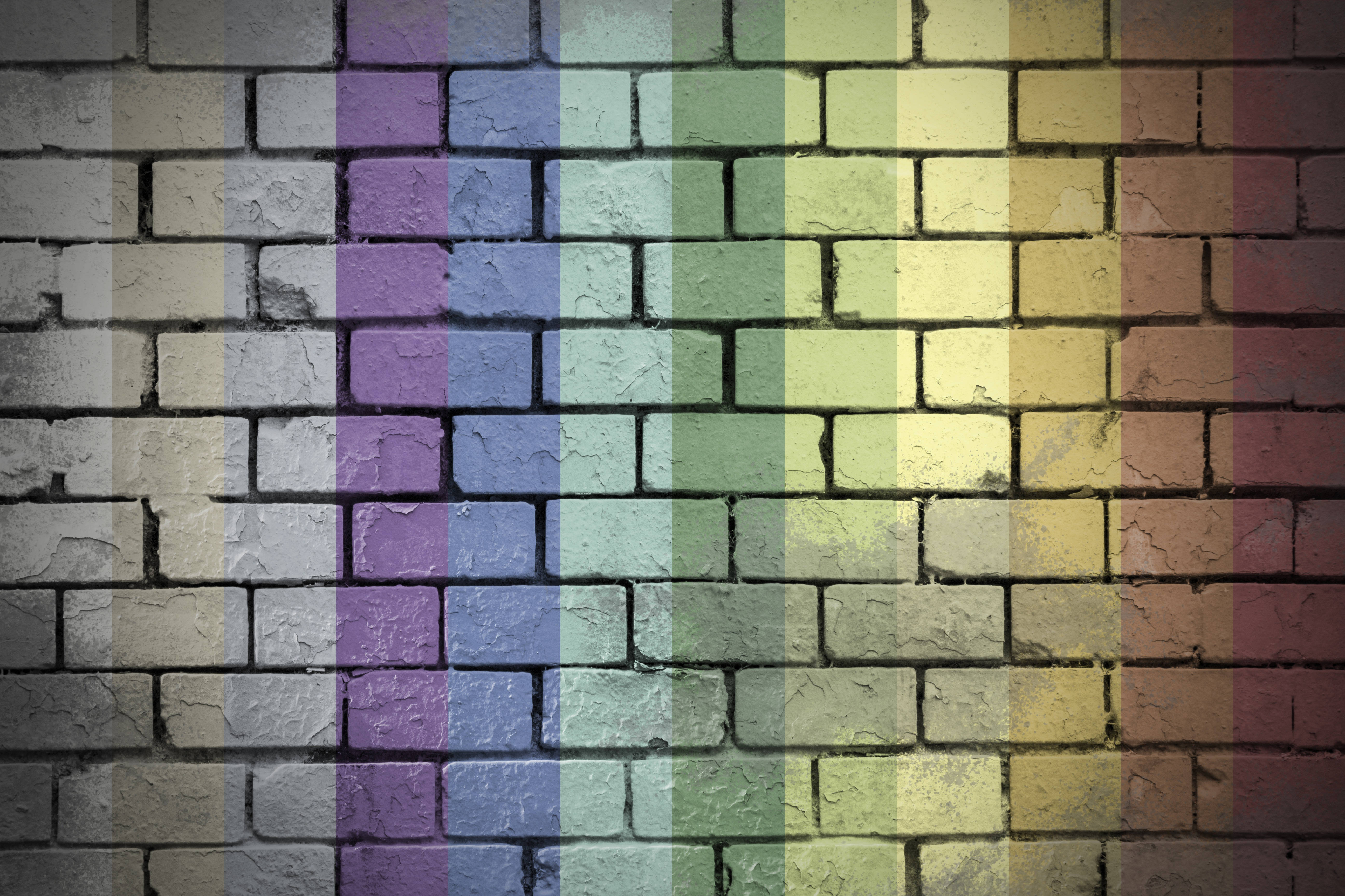 rainbow flag, vertical stripes, weathered brick wall, 5K Desktop Wallpaper