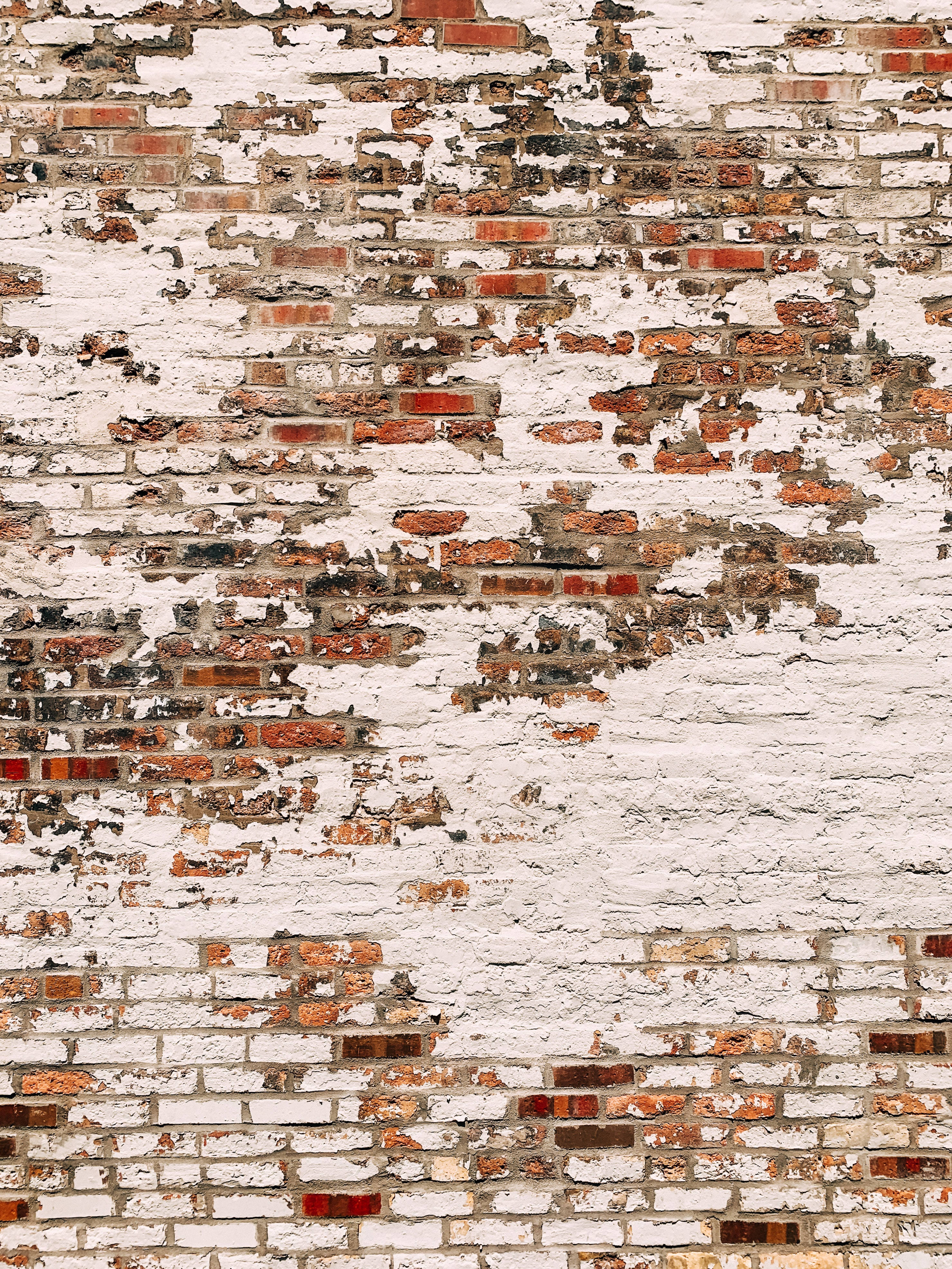 fading brick wall, weathered brick wall, peeling white paint, 4K Phone Wallpaper