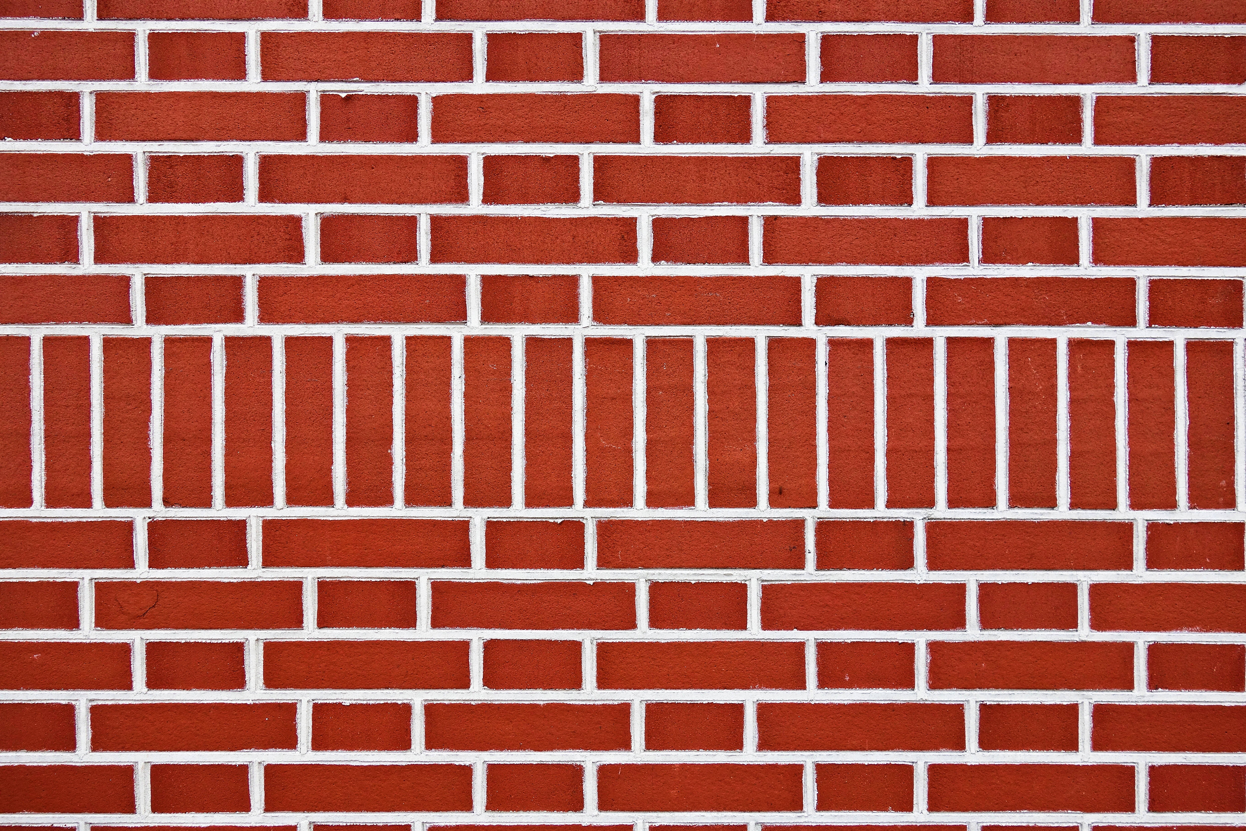 red brick, crisp white mortar lines, running bond pattern, 4K Desktop Wallpaper