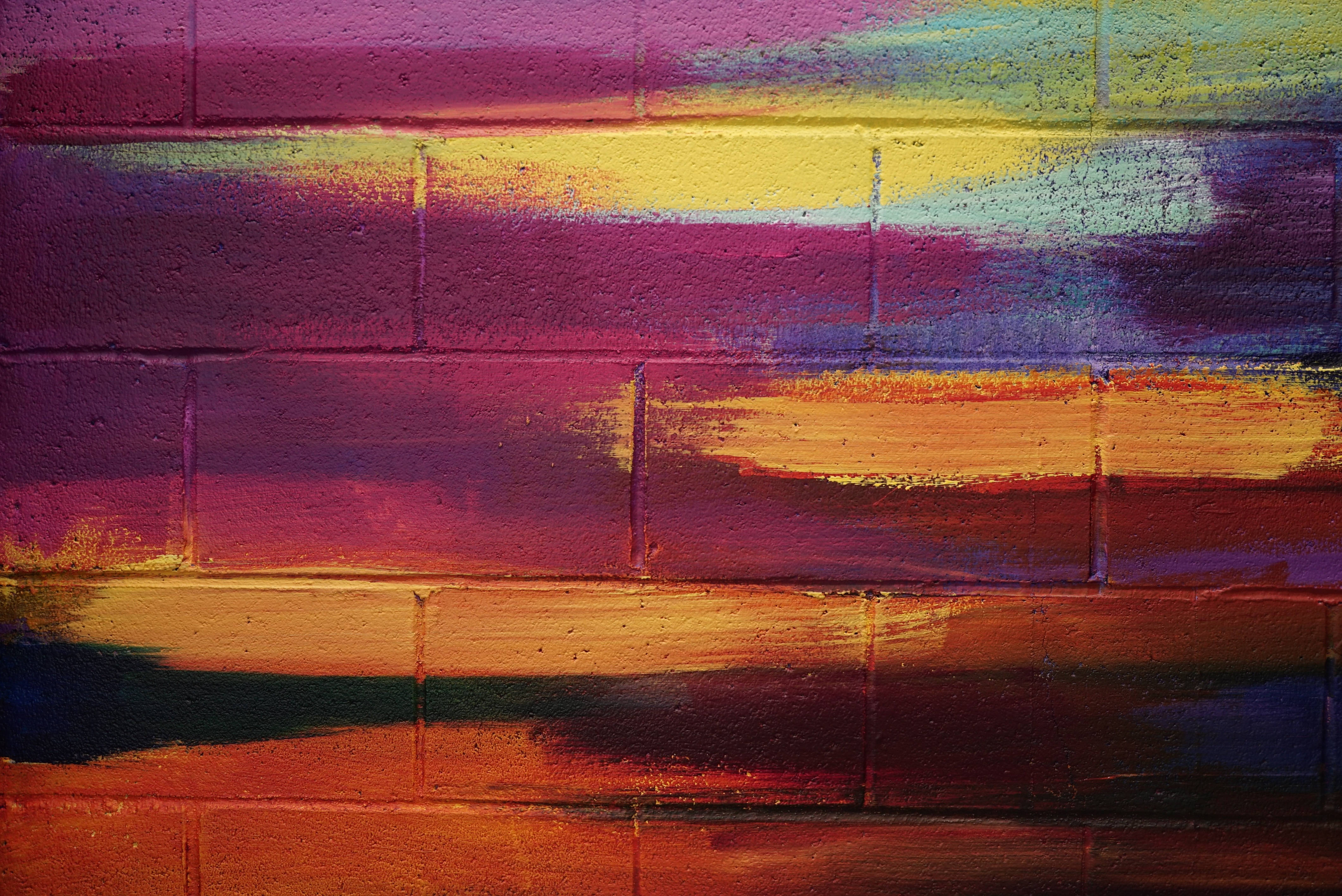 multicolored brick wall, purple, yellow, 4K Desktop Wallpaper