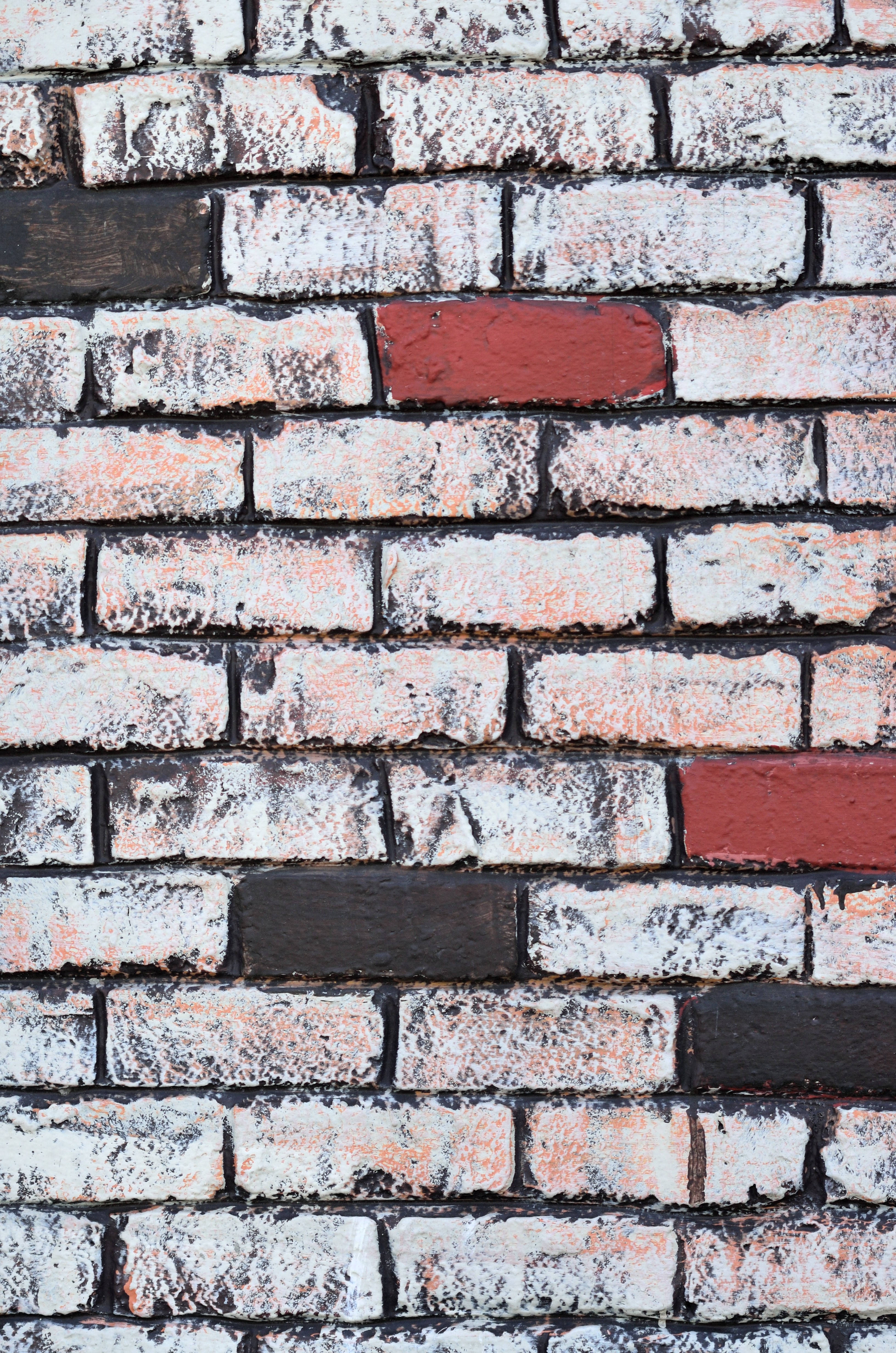 messy painted brick wall, white paint peeling, red bricks, 4K Phone Wallpaper