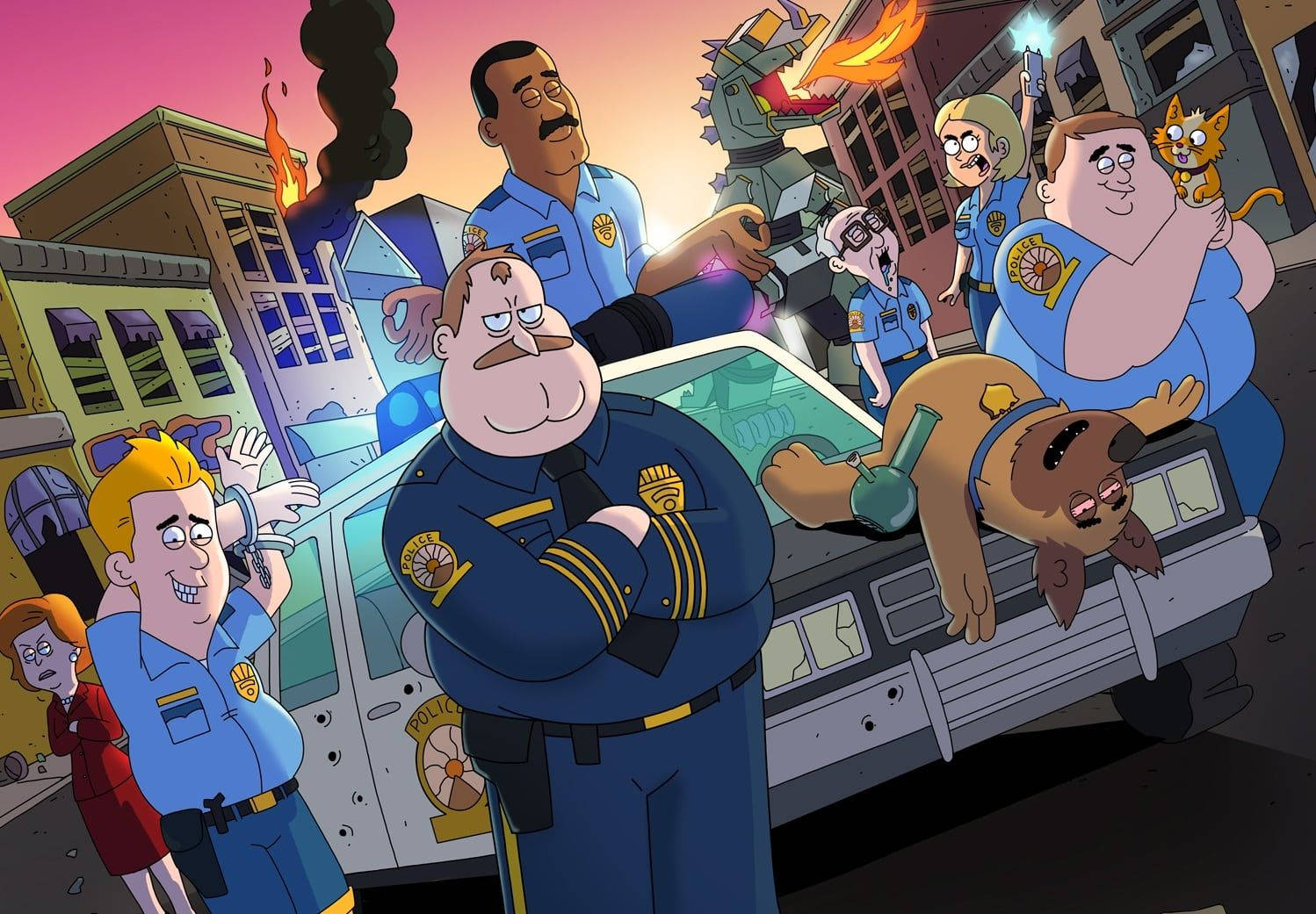 Brickleberry, robot monster, burning city street, HD Desktop Wallpaper