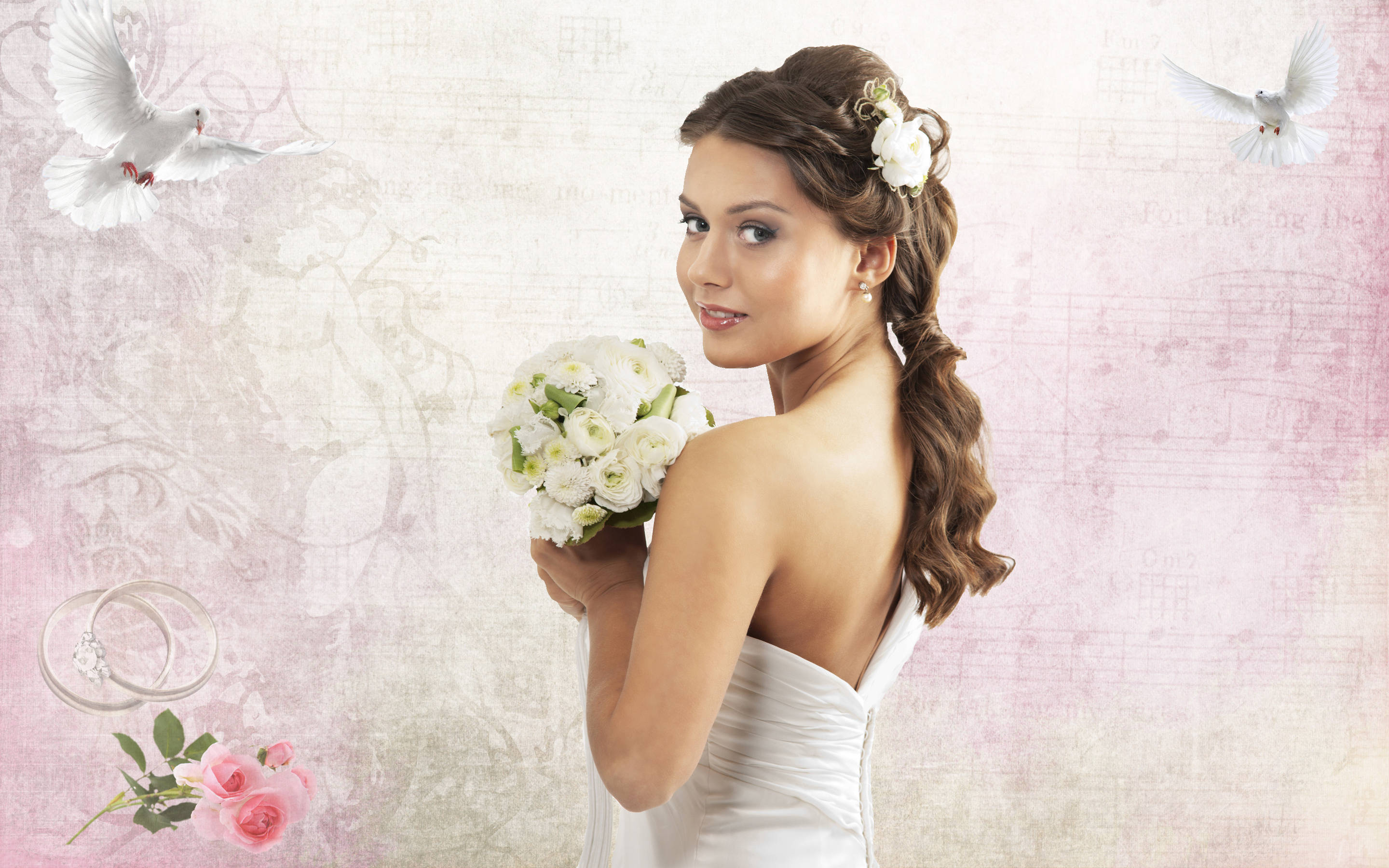 white gown, bouquet, two doves, 2K Desktop Wallpaper