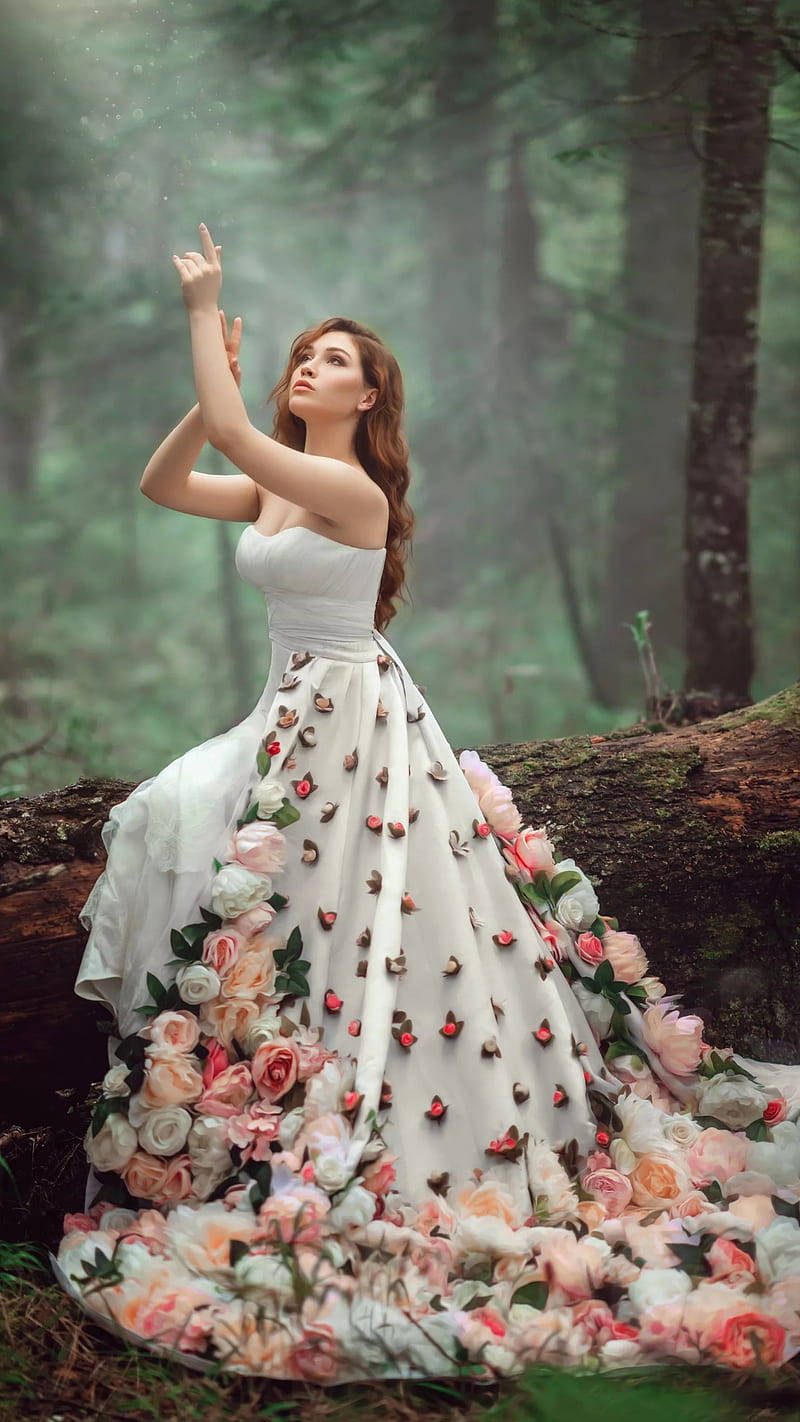 white gown, pink and peach roses, misty forest, HD Phone Wallpaper