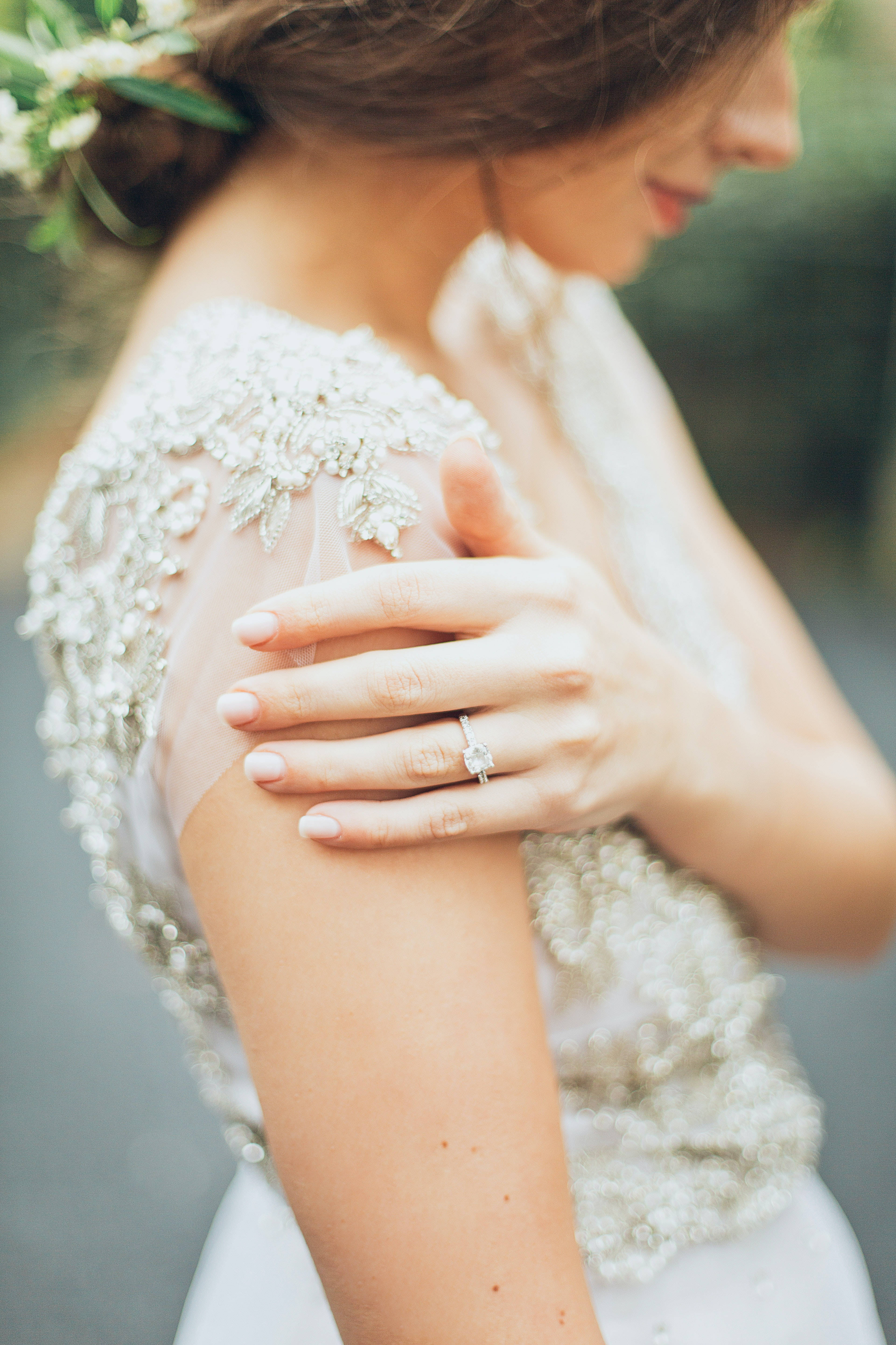 bridal dress, engagement ring, white beaded gown, 5K Phone Wallpaper