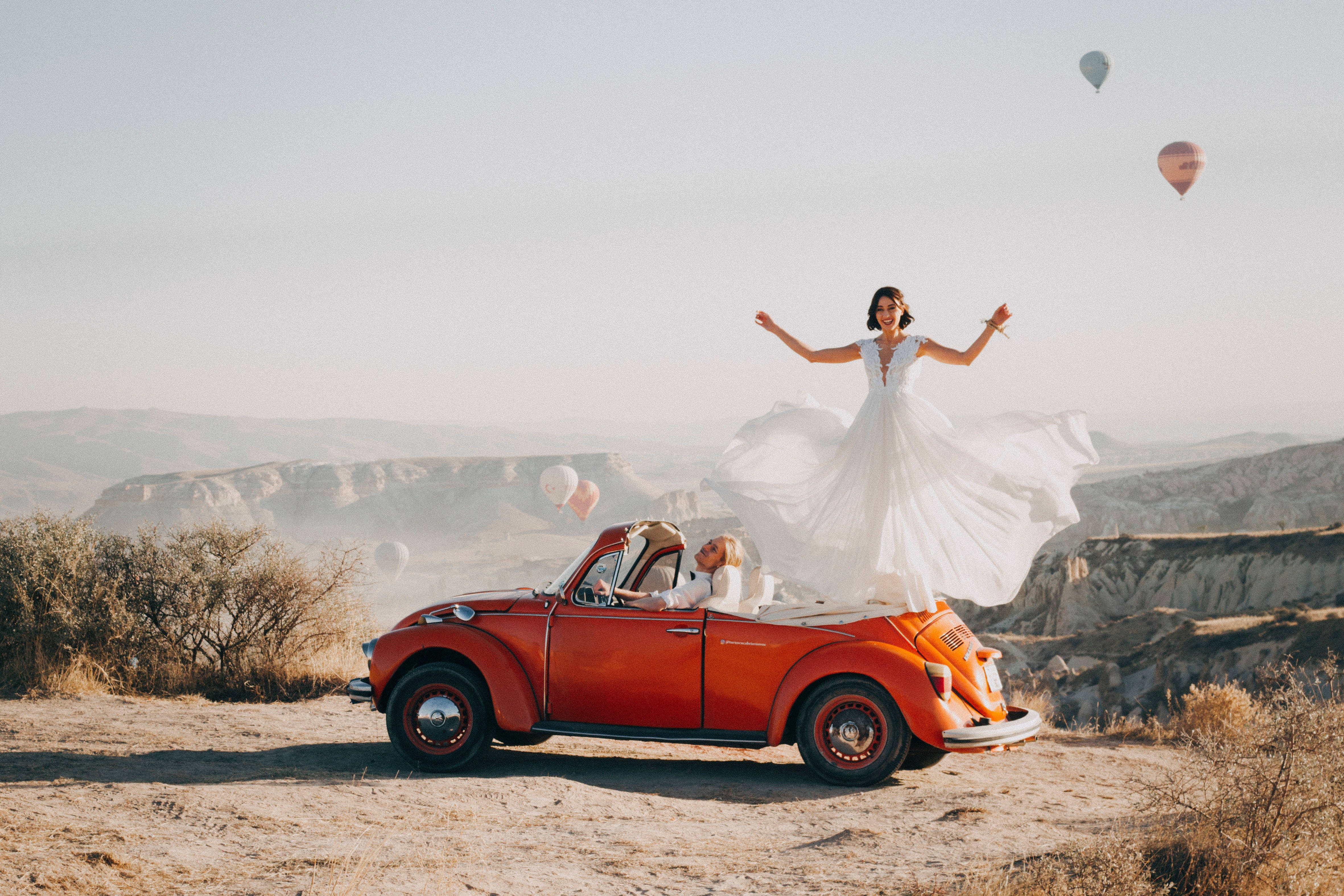 bridal car, vintage red convertible, white dress, 4K Desktop Wallpaper