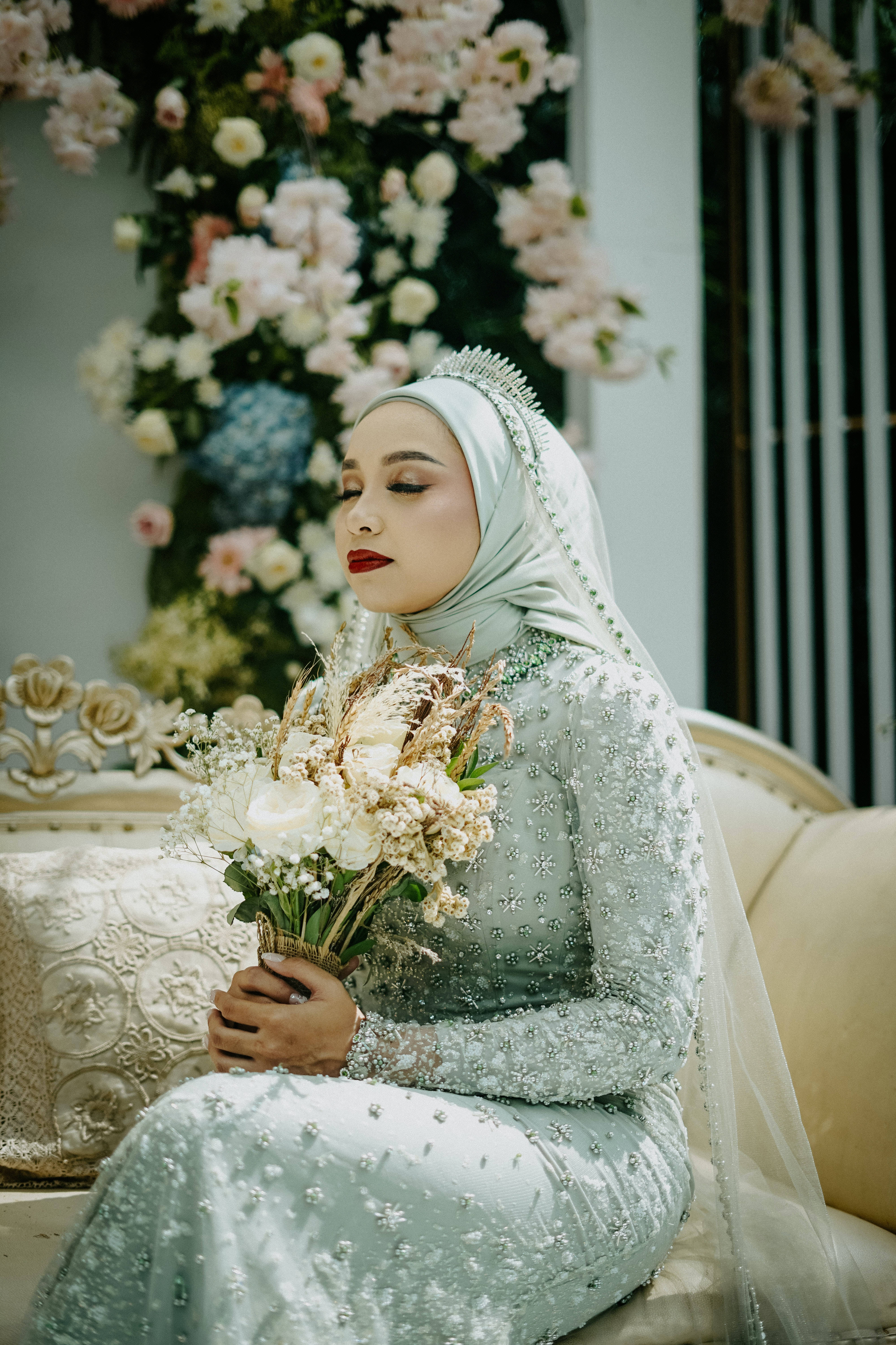 light blue bridal dress, jeweled hijab, white and dried flowers, 5K Phone Wallpaper