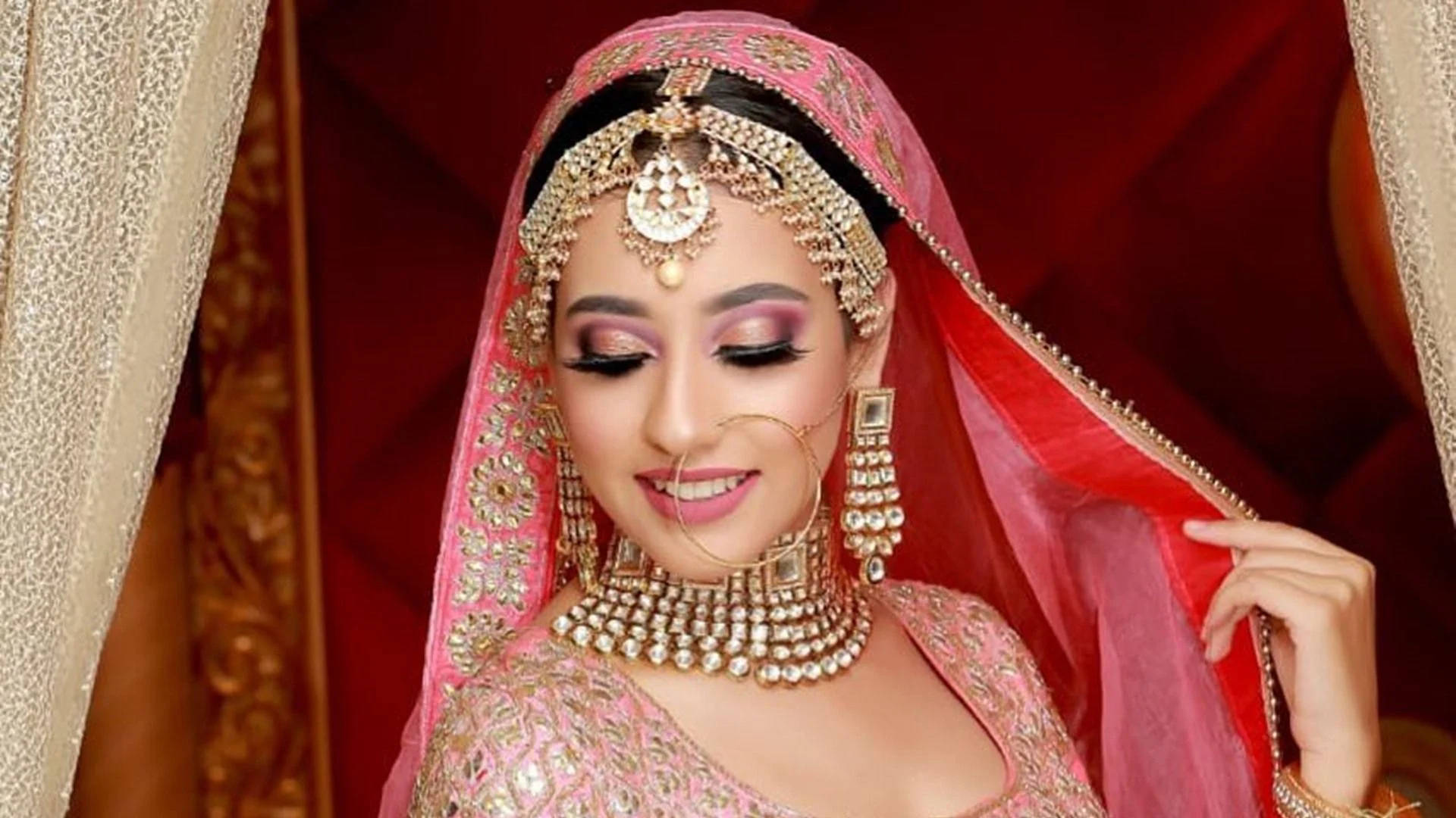 Indian bridal makeup, pink lehenga, gold jewelry, Full HD Desktop Wallpaper