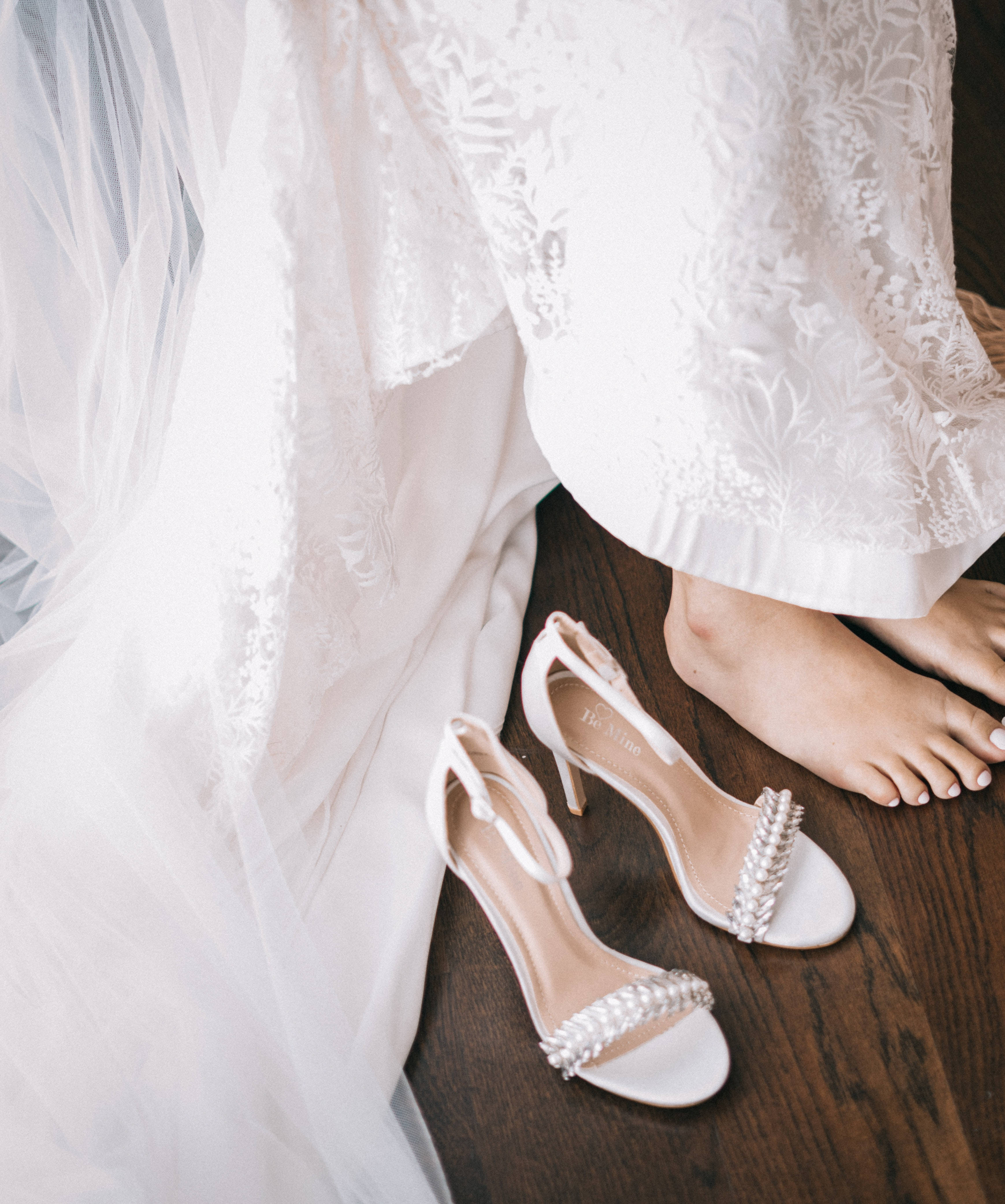 white beaded heels, flowing lace wedding gown, wooden floor, 4K Phone Wallpaper