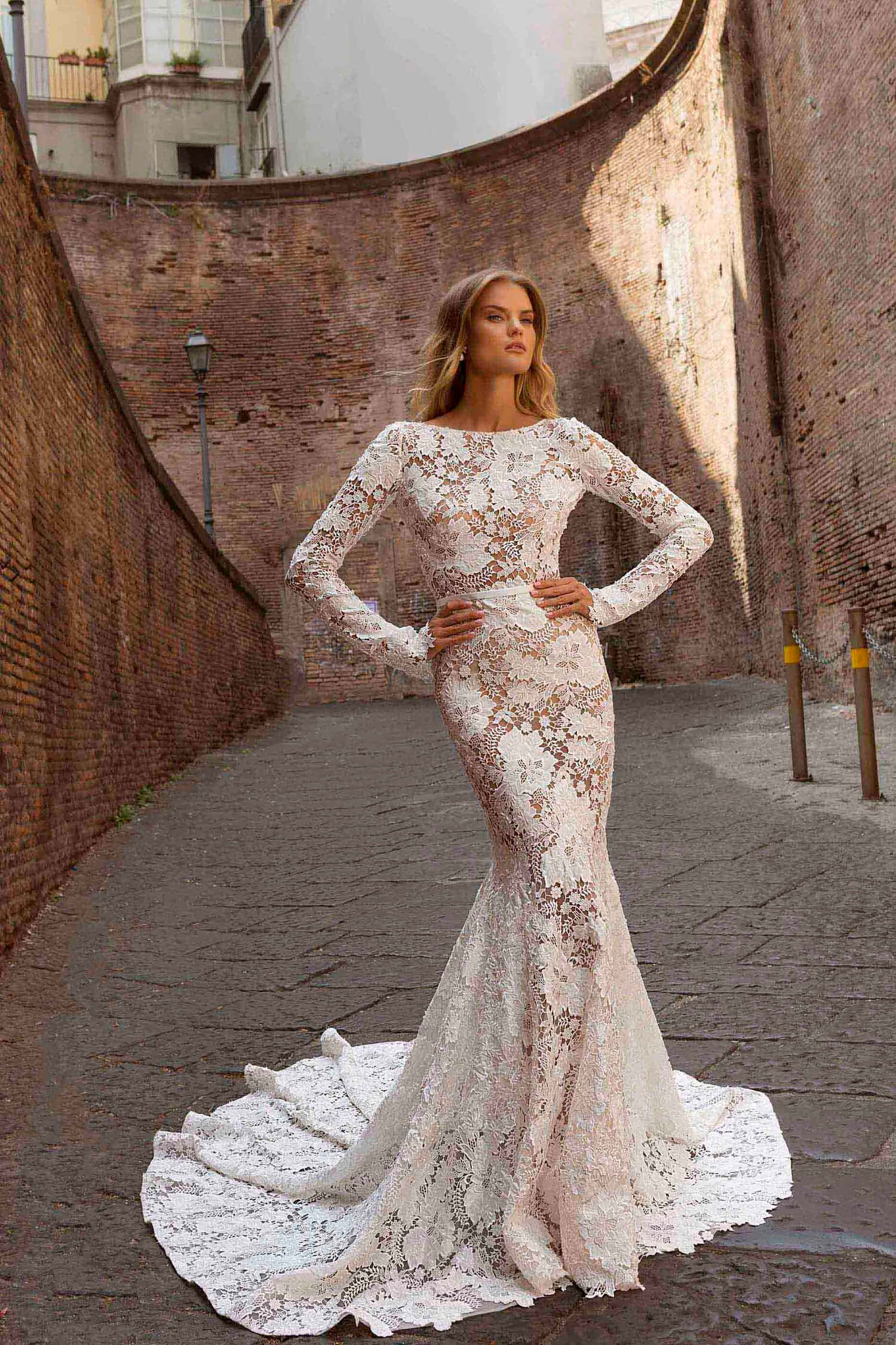 Bride's Dress, white lace mermaid gown, sunlit narrow brick alleyway, Full HD Phone Wallpaper