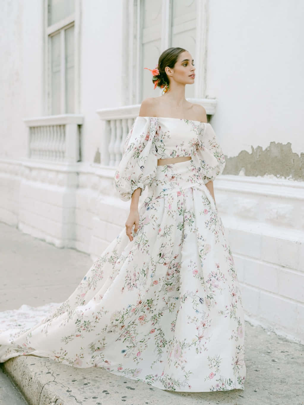 Bride's Dress, floral off-shoulder gown, weathered white building facade, HD Phone Wallpaper