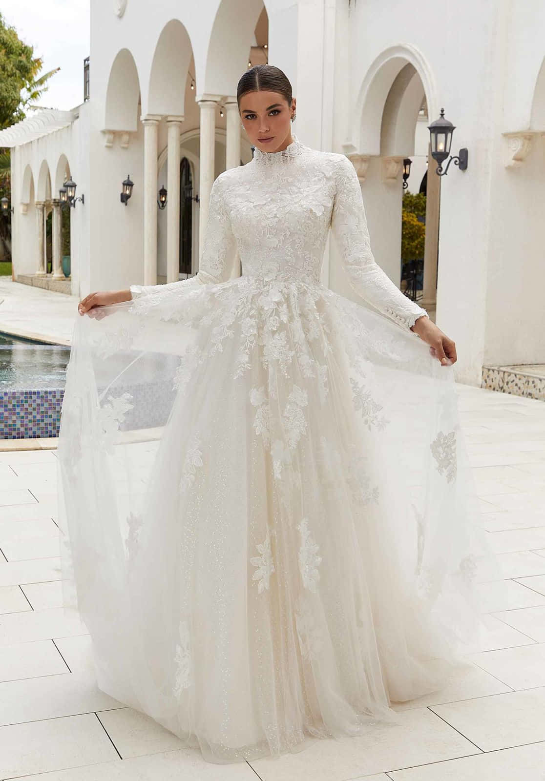 bride's dress, white wedding gown, pool, HD Phone Wallpaper
