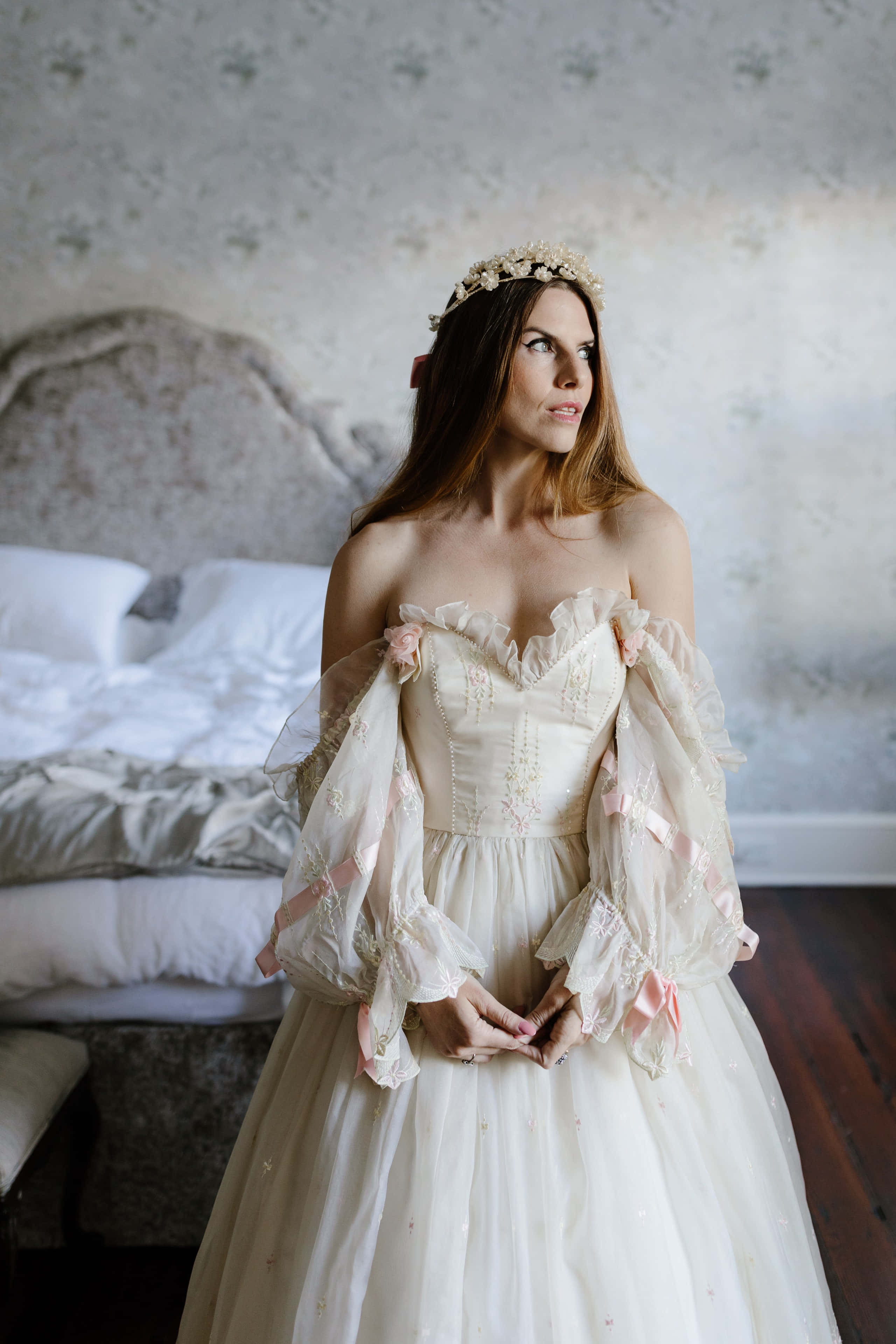 off-shoulder ivory gown, pink ribbons, softly lit bedroom, 4K Phone Wallpaper