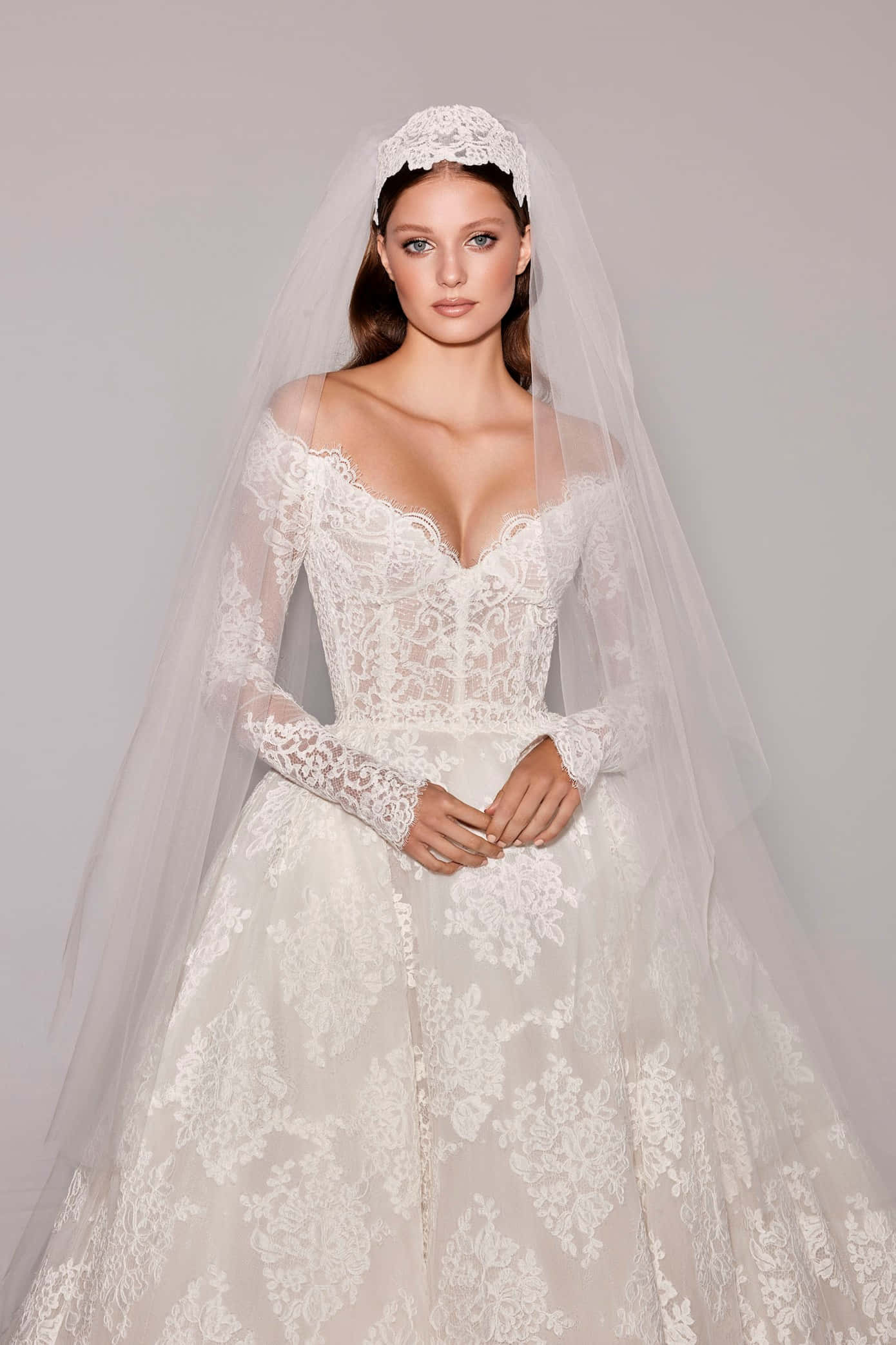Bride's Dress, white lace wedding gown, long sleeves, Full HD Phone Wallpaper