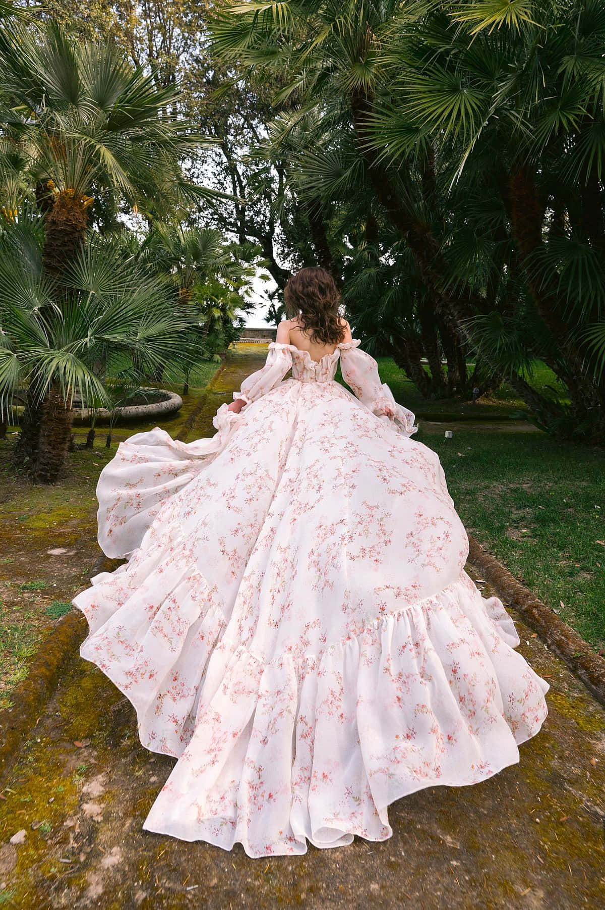 Bride's Dress, voluminous floral gown, lush tropical garden, HD Phone Wallpaper