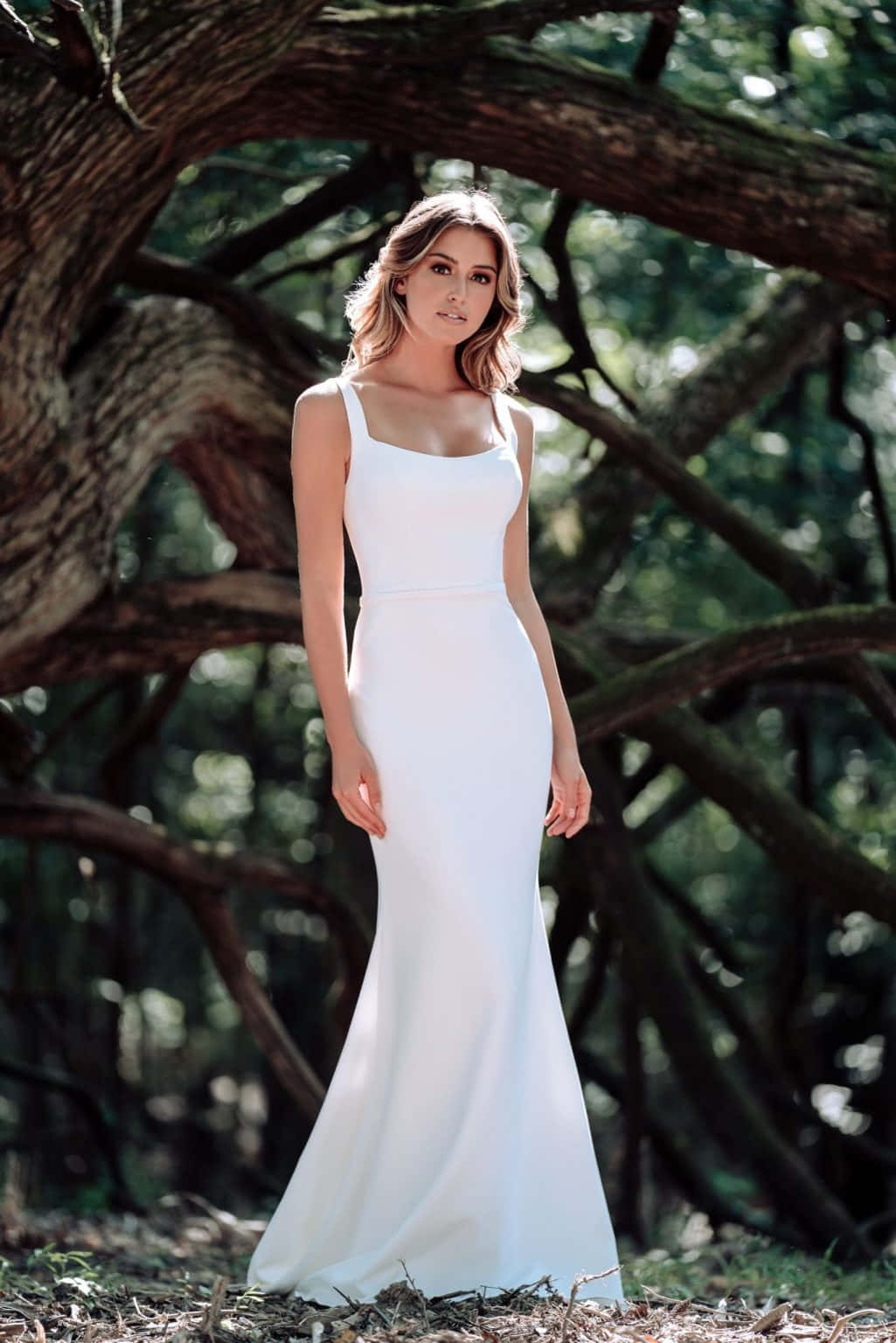 Bride's Dress, white gown, mossy forest tree, HD Phone Wallpaper