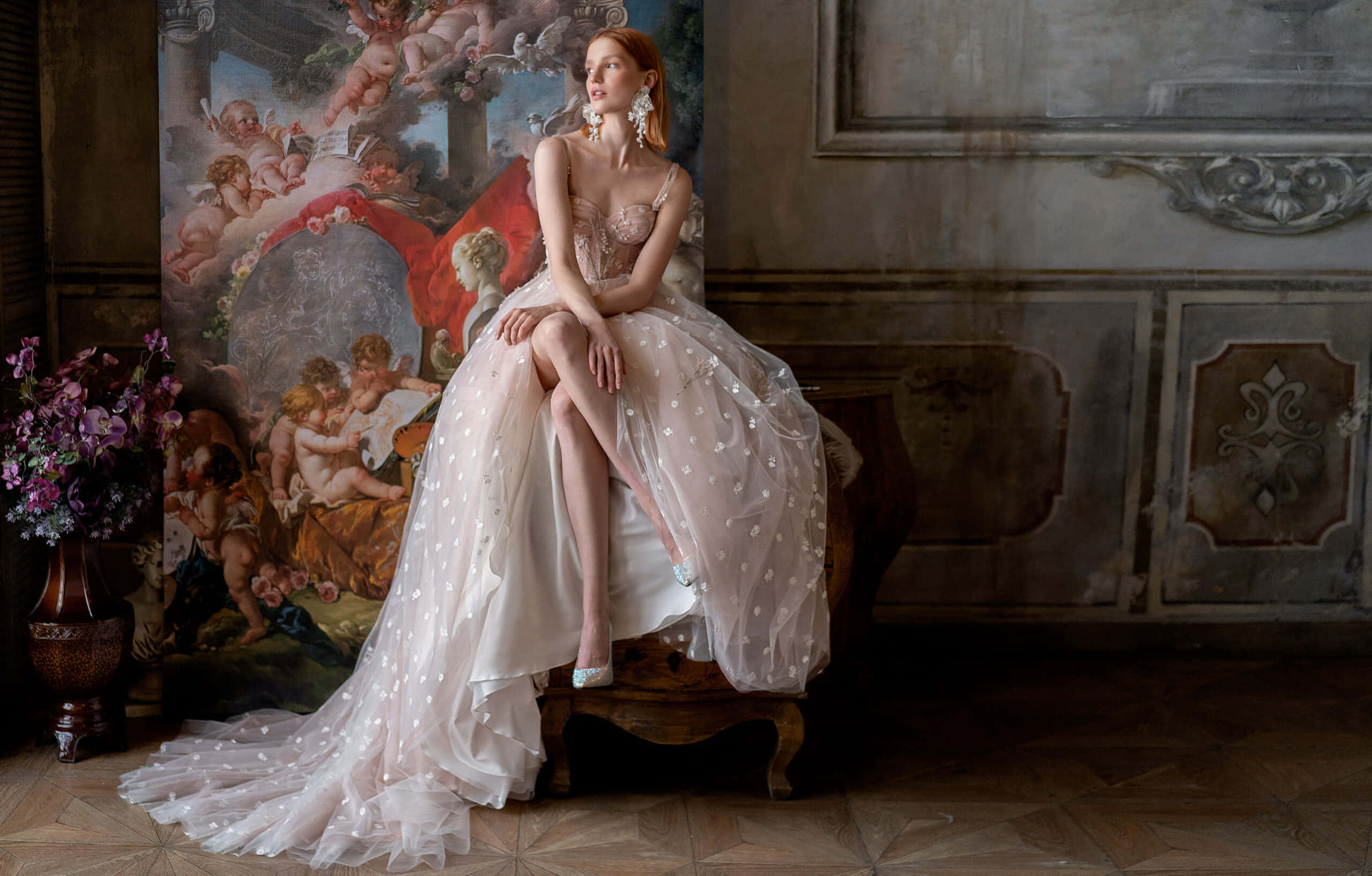 bride's dress, white gown, silver polka dots, 2K Desktop Wallpaper