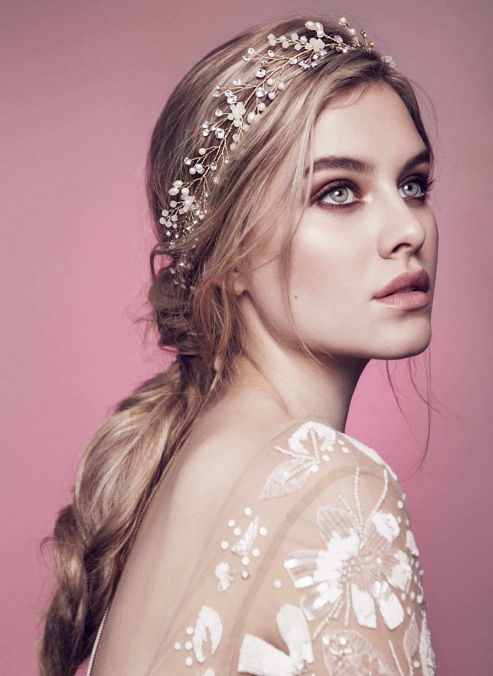 blonde hair, pearl and flower headpiece, soft pink backdrop, Full HD Phone Wallpaper