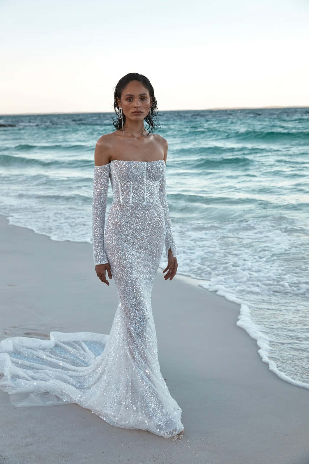 bride's dress, sparkling silver mermaid wedding gown, sandy beach, HD Phone Wallpaper
