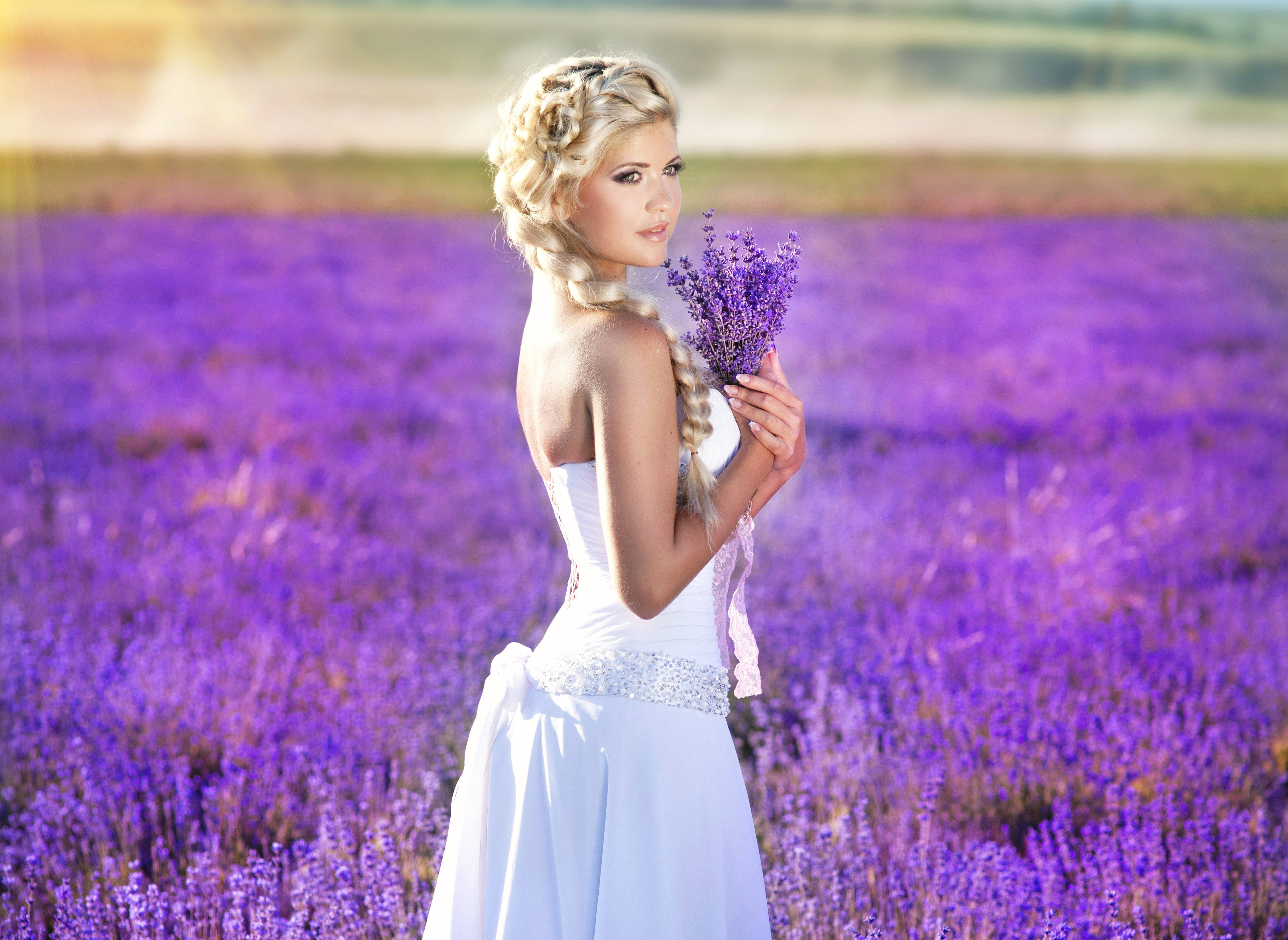 blonde woman, white dress, lavender, 5K Desktop Wallpaper