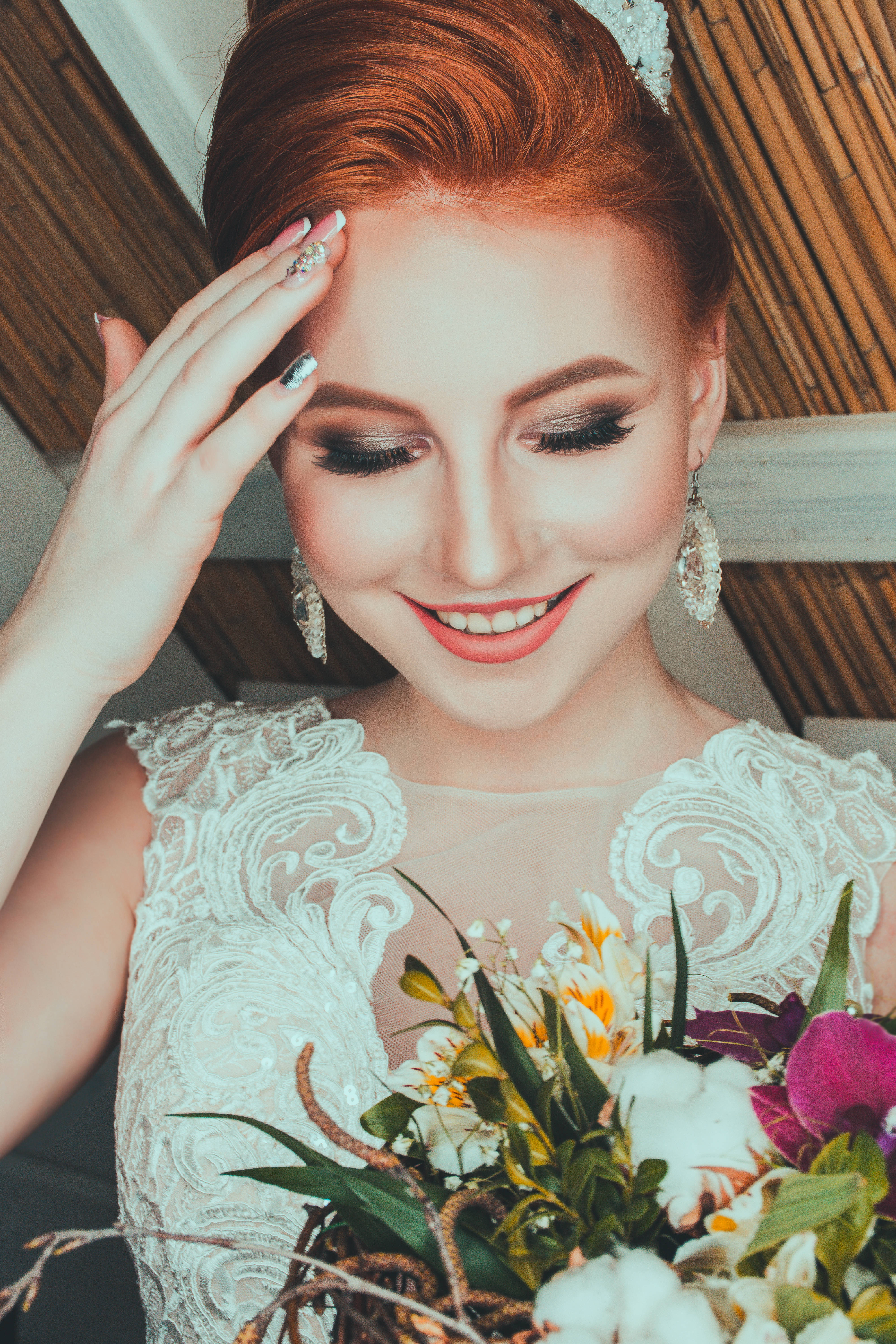 elegant bride, beautiful white gown, fiery red hair, 5K Phone Wallpaper