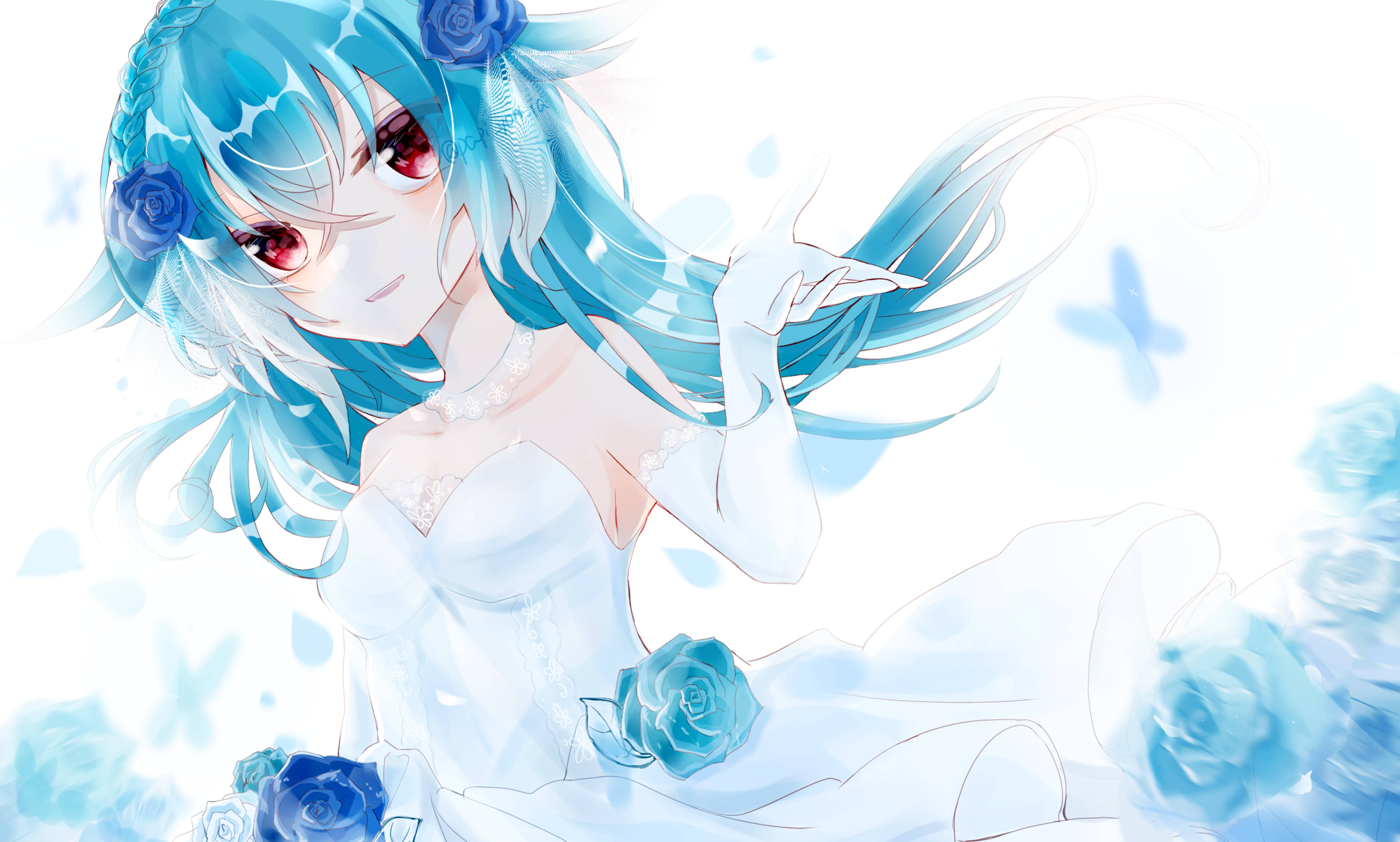 anime bride, blue hair, red eyes, 5K Desktop Wallpaper