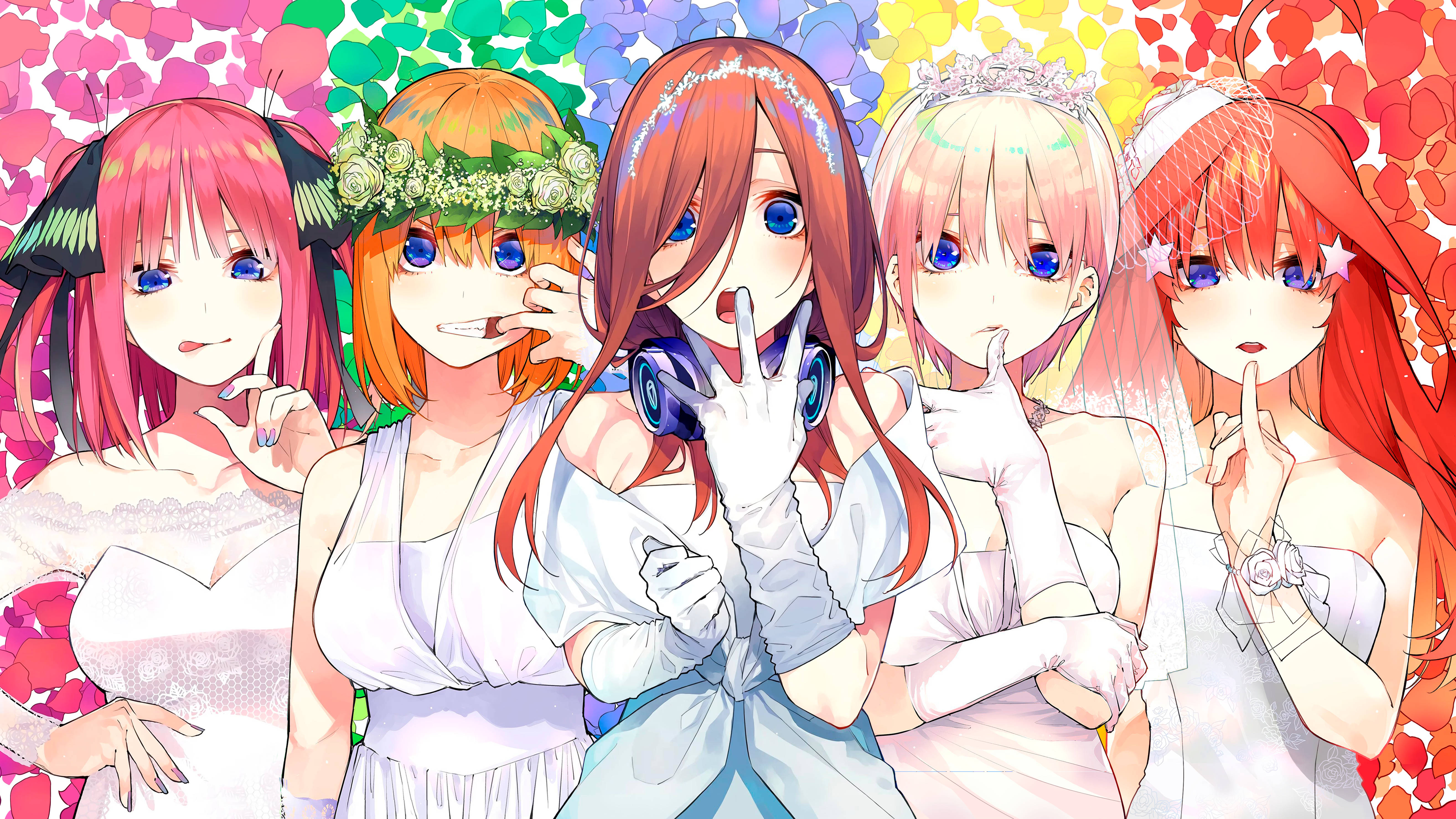 anime girls, white wedding dresses, vibrant floral background, 5K Desktop Wallpaper