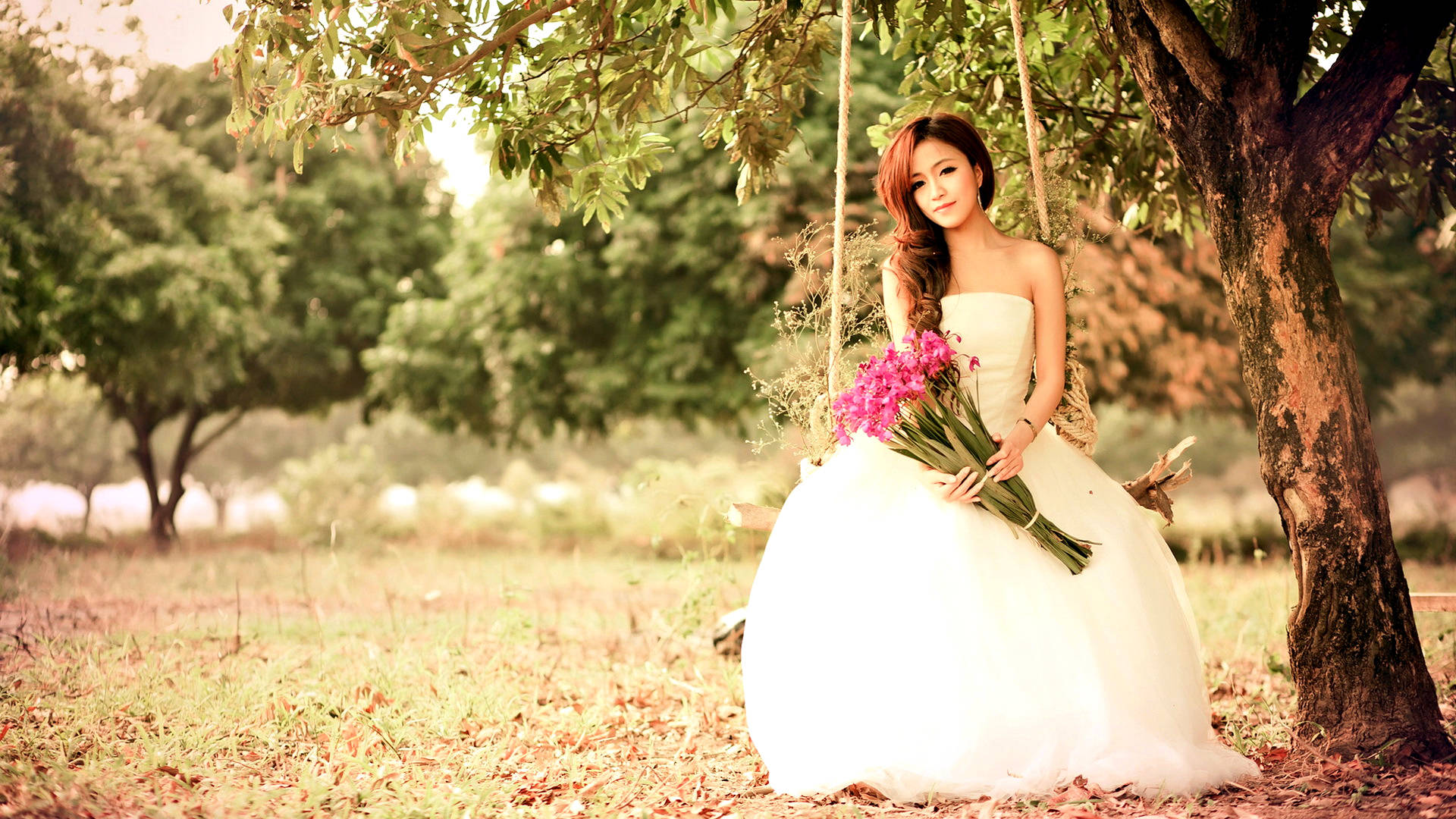 Elegance in Simplicity - The Modern Bride, white gown, tree swing, Full HD Desktop Wallpaper