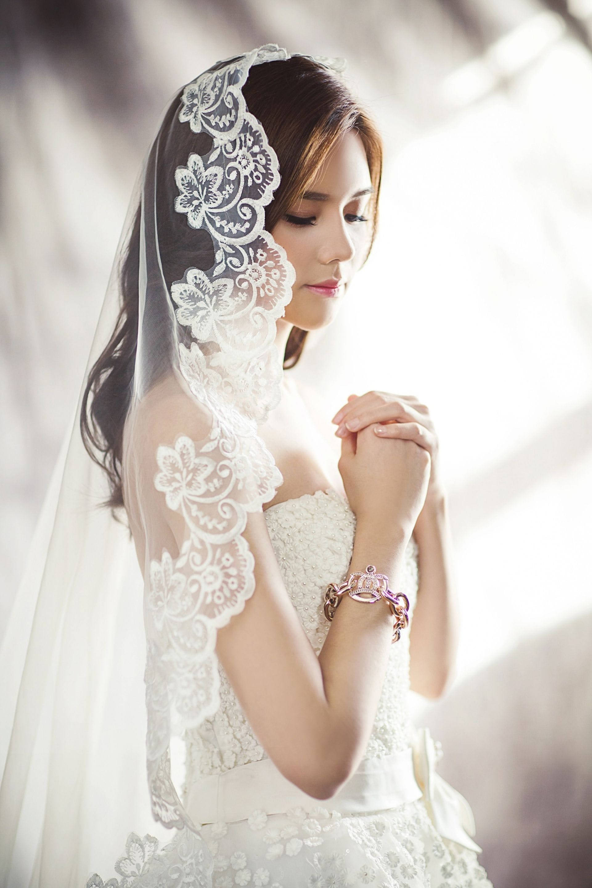 white lace wedding gown, veil, soft light, 2K Phone Wallpaper