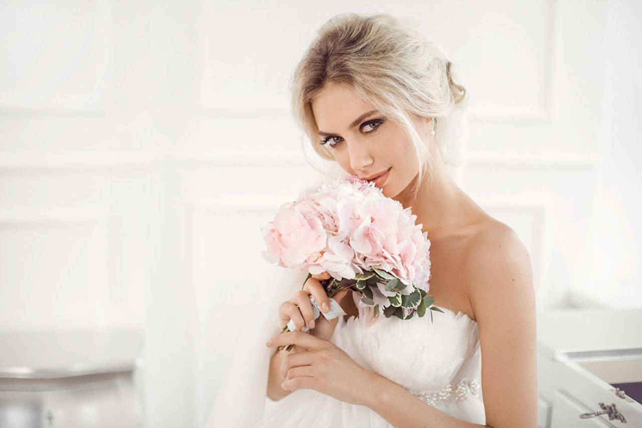 white gown, pink peonies, bright white paneled wall, HD Desktop Wallpaper